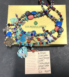 NANCE LOPEZ Turquoise Handmade Treasure Necklace: Sterling silver and mixed gems double strand statement necklace, one of a kind NANCE LOPEZ TREASURE Charm Necklace. Middle eastern style amulet filigree flower charm, donkey charm, heart charms,