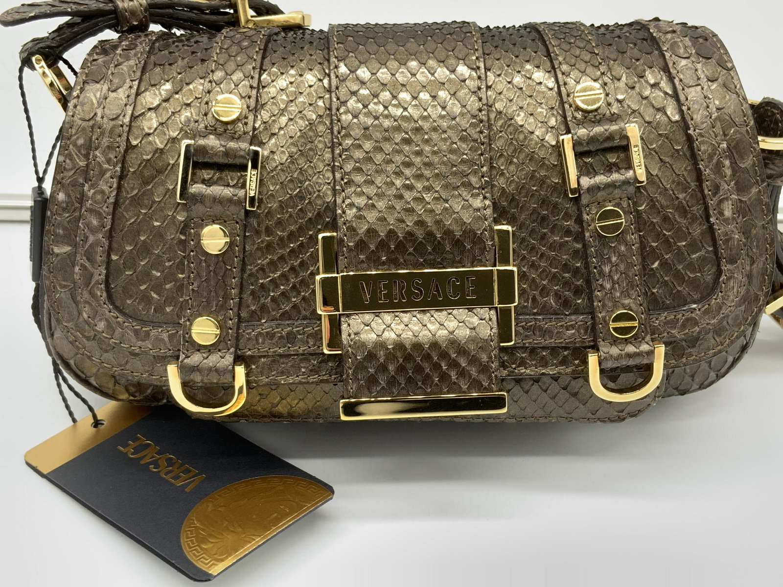 VERSACE Retro Bronze Snakeskin Handbag NWT, IT (1 of 12)