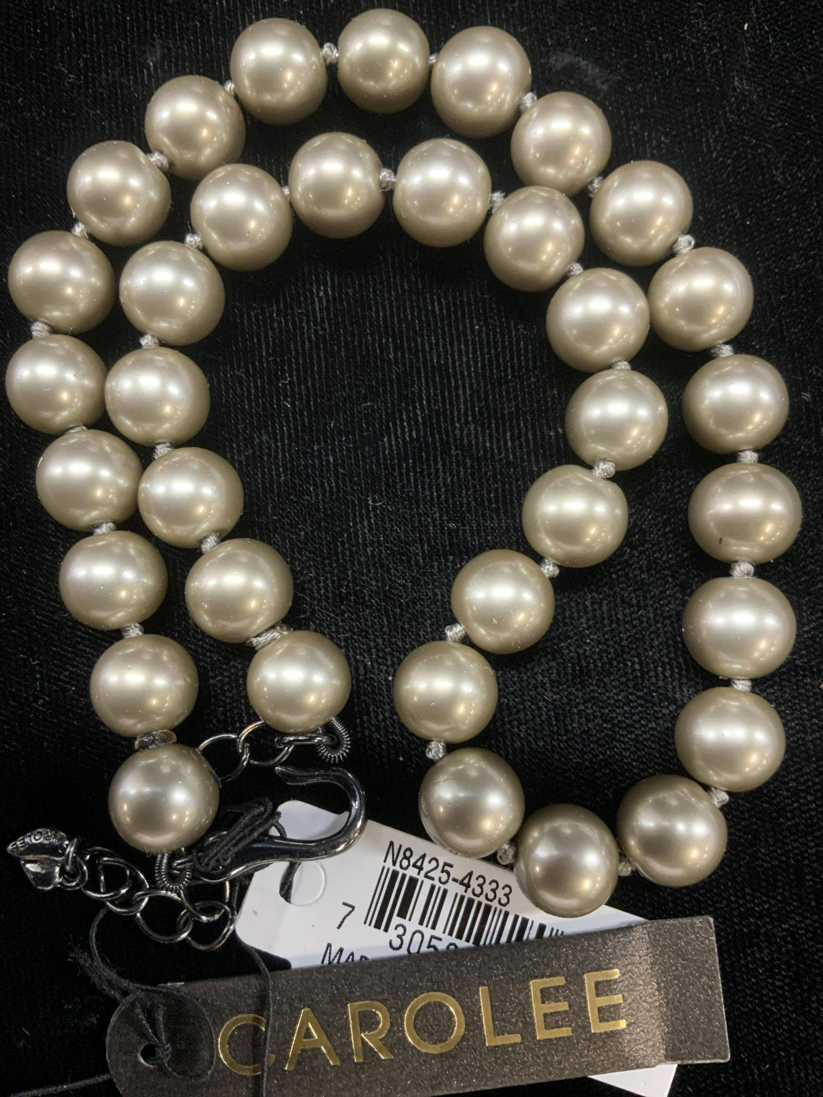 CAROLEE Sgn Bronze Tn Costume Pearl Necklace,nwt: Bronze toned costume Pearl necklace, double knotted, each pearl measures 10 mm. hook clasp, adjustable length, 13 - 14.5 in. marked Carolee on heart charm. New with original tag Choker necklace, Desig