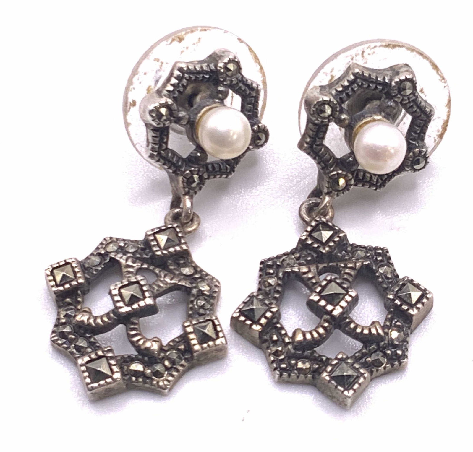 Vintage STERLING SILVER Marcasite Drop Earrings (1 of 7)