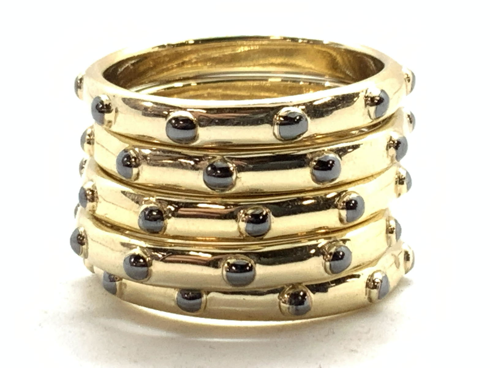 5 Stackable Rings, Jewelry: 5 gold toned stackable rings with black painted accents throughout rings. Size 7s. Stackable rings, rings, contemporary jewelry, Fashion Jewelry, Estate Jewelry, Costume Jewelry, Ladies Wearable Acces