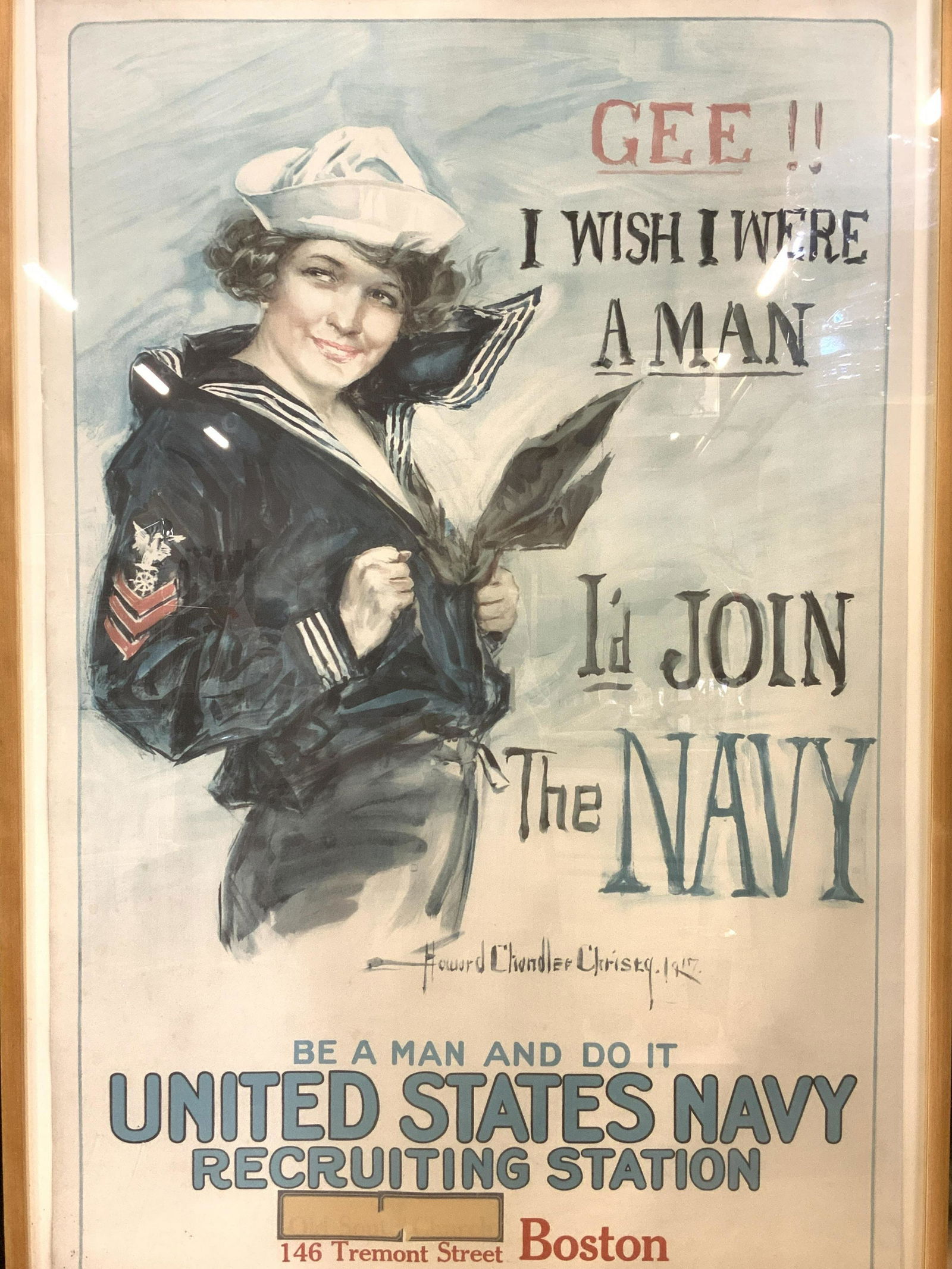 HC CHRISTY I Wish I Were A Man Vntg XL Lithograph: HOWARD CHANDLER CHRISTY I Wish I Were A Man Id Join The Navy Vintage possibly antique XL Lithograph, original lithograph circa 1917, inscriptions read Gee!! I wish I were a man Id join the navy, be a