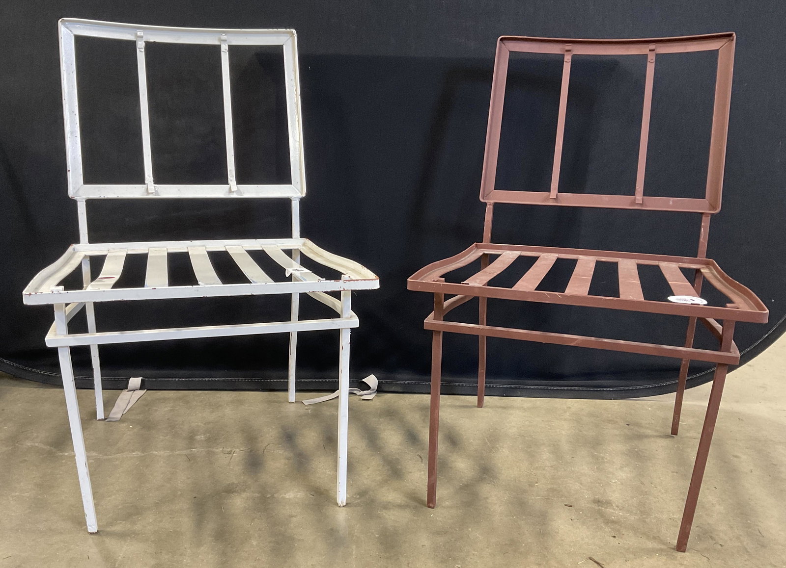4 Mid Century Terrace Metal Chairs: 4 Mid Century Terrace Chairs. 3 white, 1 brown colored. Each chair had 4 legs. Material is of metal. All 4 measure approx 31H x 18W x 18D inches. Seating area measures approx 19 x 18 inches. Piece has