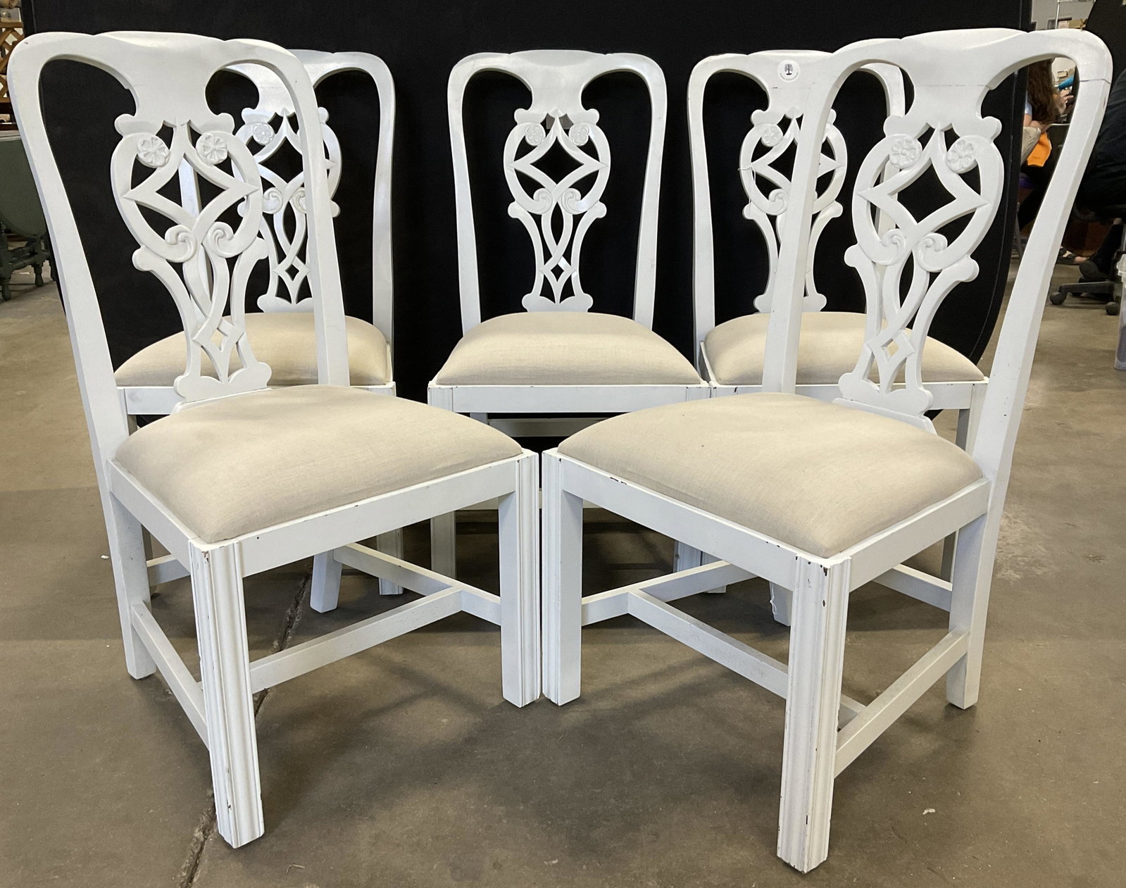 5 Vintage Painted Chairs W Belgian Linen Seats: 5 Vintage Painted Chairs. Chairs have Belgian Linen seats. Carved center backs with flowers and modern looking baroque style forms. Measures 39H x 22W x 21D. Surface wear and chipping paint consistent
