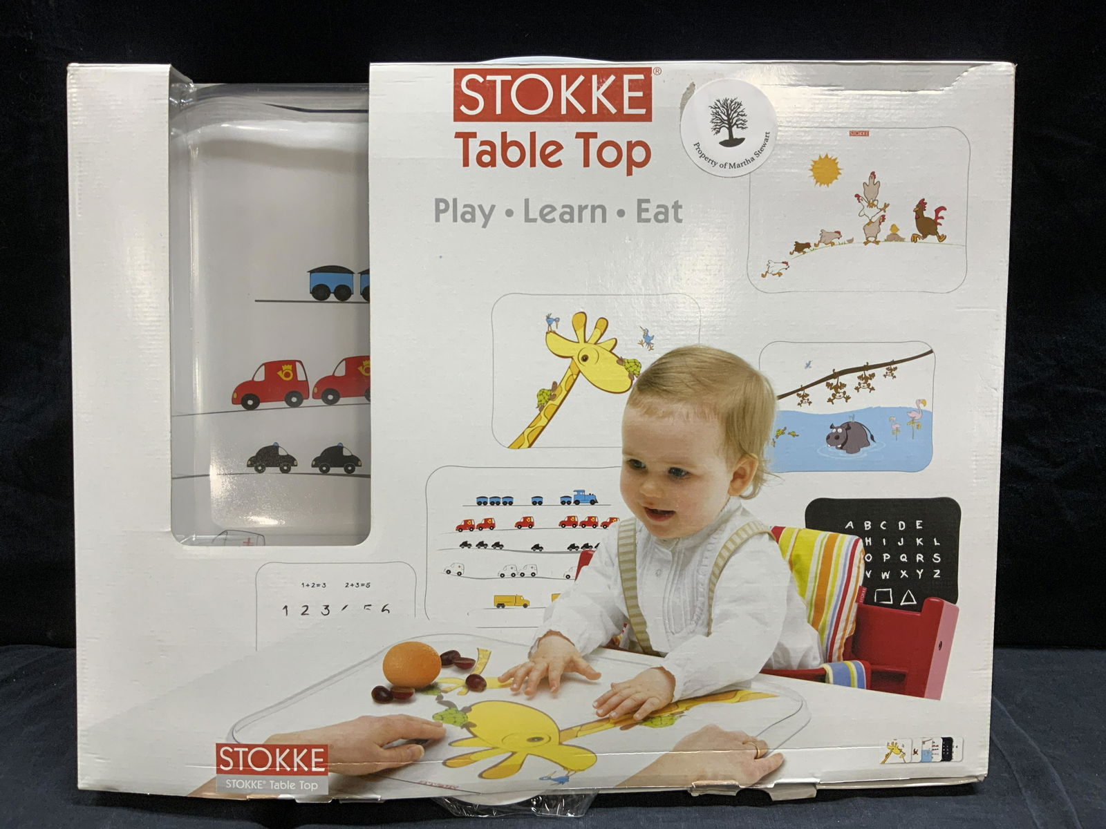 STOKKE TABLE TOP Childrens Tray: STOKKE TABLE TOP Childrens Tray, various inserts with illustrations. Box measures approx 19.5 inches long 15.5 inches wide. Property of Martha Stewarts Katonah New York Estate. Tray, tabletop tray, st