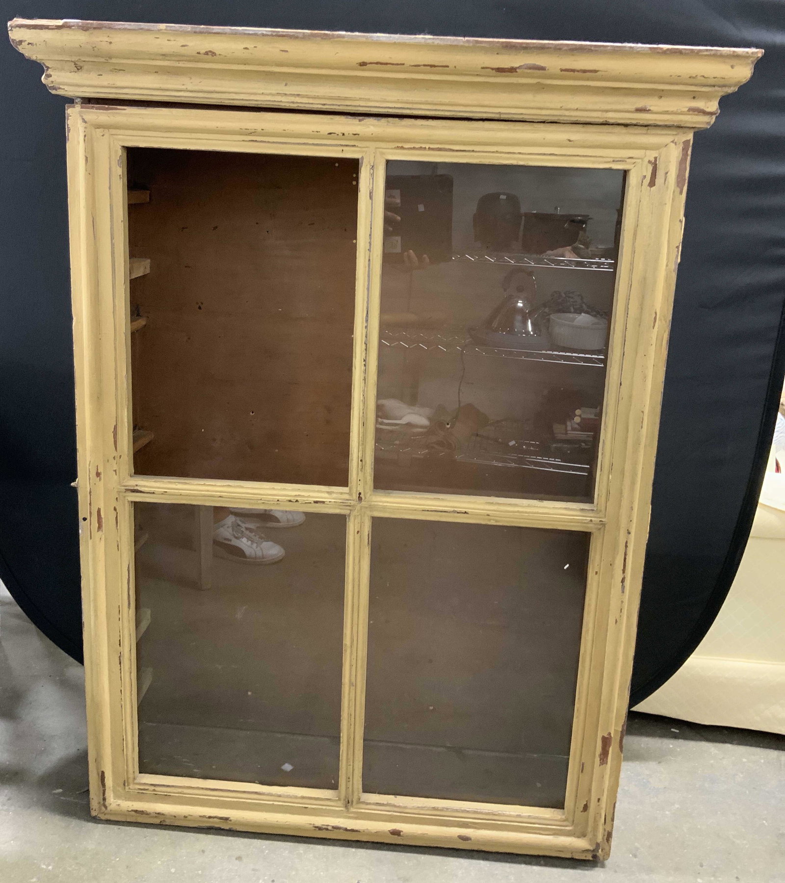 Antique Glass One Door Cabinet: Antique Glass Cabinet, measures approx 40 x 52 inches, with a width of 12 inches, has one door with four inserts for glass panels, one panel is missing, can be replaced or up-cycled. Door has hook for