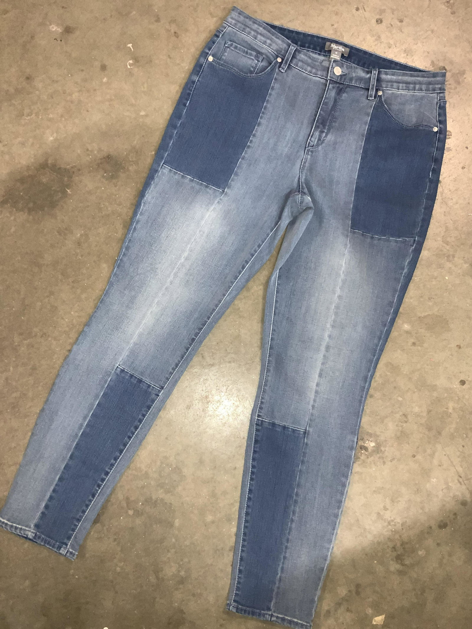 Martha Stewart Blue Patch Work Size 12 Pants: Pair of blue straight leg patchwork pants. Marked Martha Stewart, 12, 58% cotton, 26% polyester, 15% Modal 1% eels tane. Elastic waist. Inseam is approximately 28.75 inches long. Property of Martha St