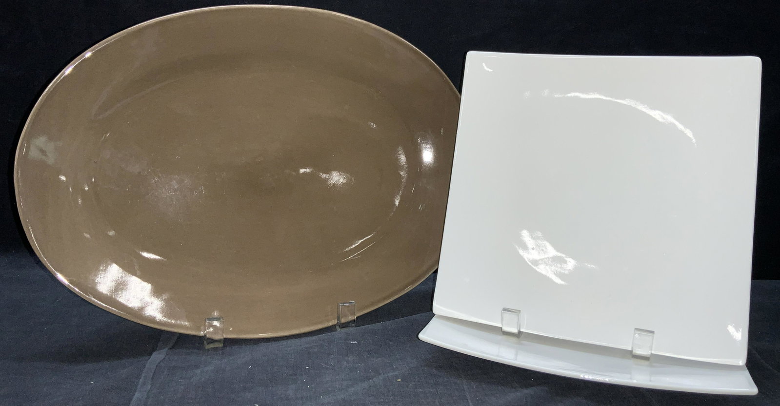 Sam & Squito & Pottery Barn Porcelain Dishware: Group lot of 3 porcelain dishwares. 2 square shaped white ceramic dishes, marked Sam & Squtio by Xiahe Co. Strengthened bone China on undersides. Approximately 8.5 x 8.5 inches wide. 1 brown circular 
