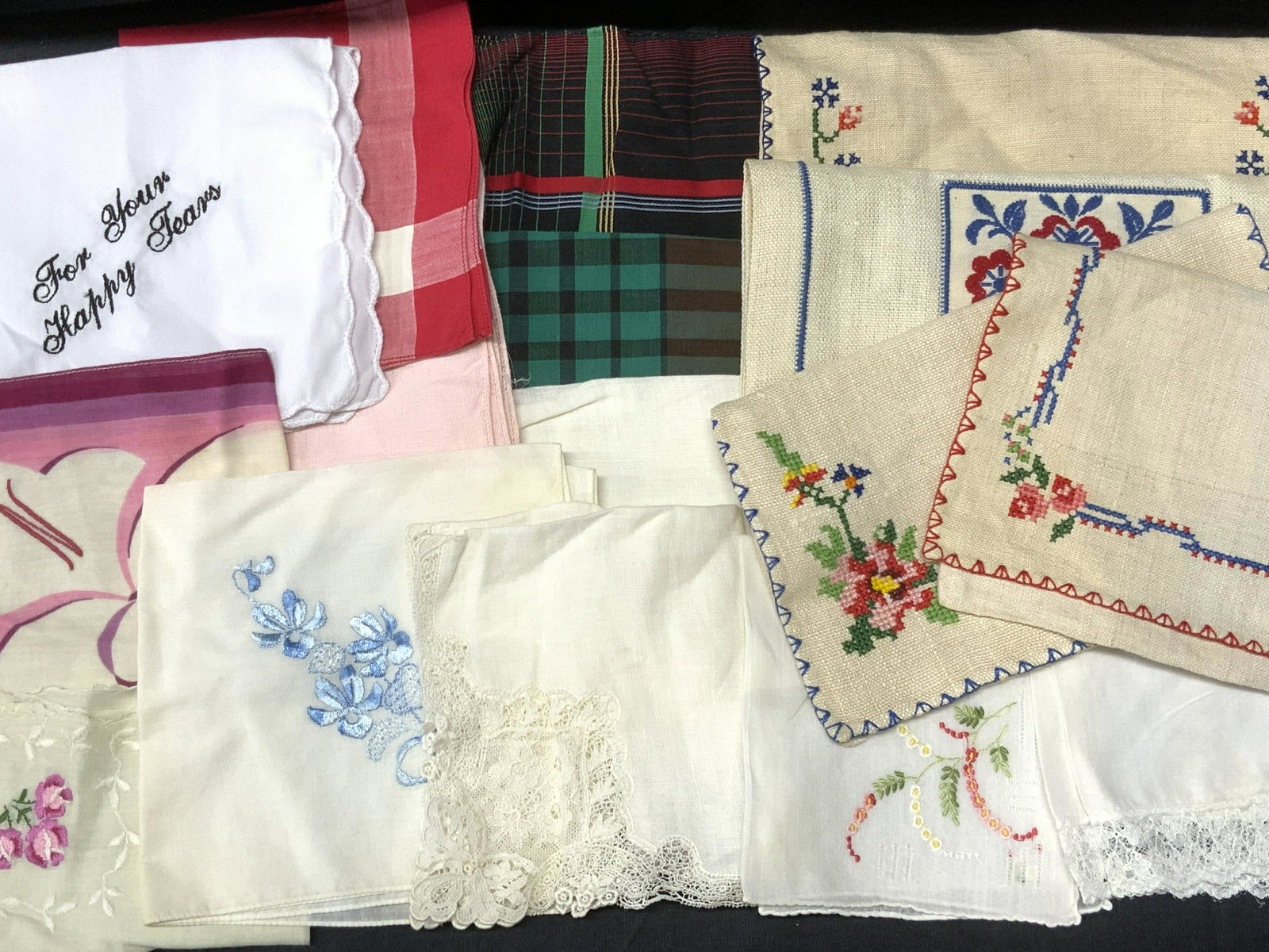 Lot of 35 Handmade Handkerchiefs & Fabric Wallets: Lot of 35 Handmade Handkerchiefs & Fabric Wallets, some with blemishes, some with embroidery, some with lace, 4 folding pocketed fabric wallets, 31 handkerchiefs, range in size from 8 x 8 to 12 1/2 x 