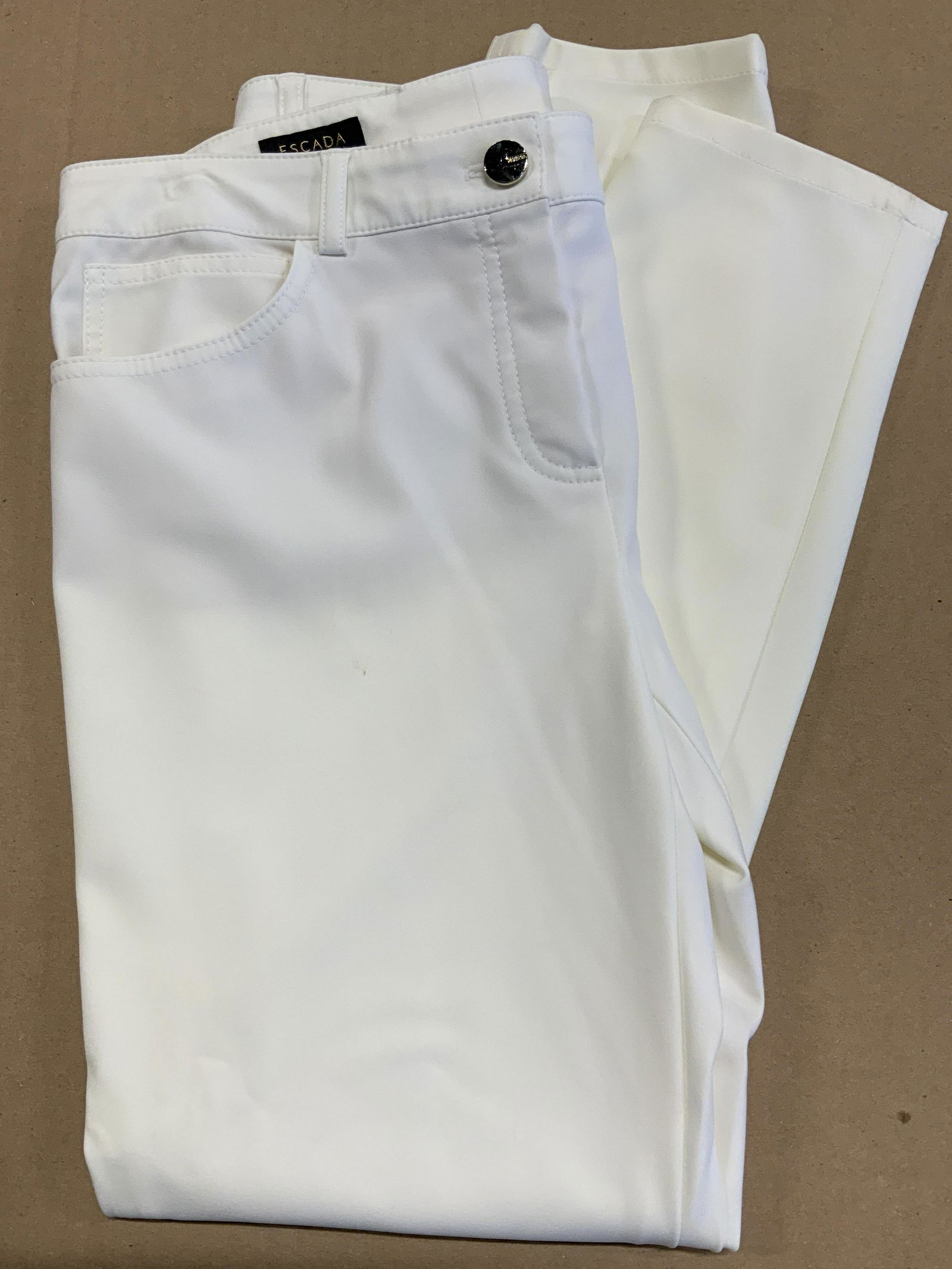 ESCADA White Dress Pants: ESCADA Dress White Pants, size 36 88% polyamide…13% elastane length of 37 1/2 inches long, inseam measures 28 inches gold toned button, small stain to front of pants. Womans fashion, womans daily we