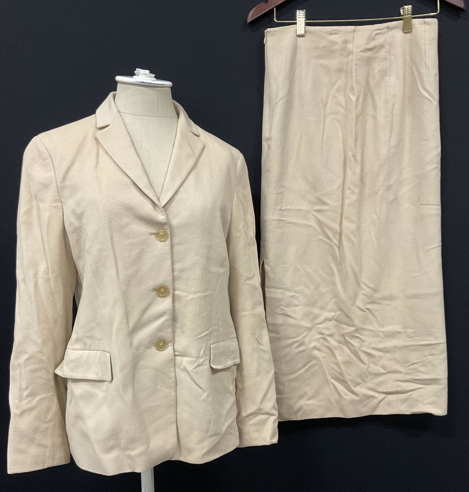 Cashmere LUCIANO BARBERA Blazer & Skirt: LUCIANO BARBERA Cashmere suit and skirt set. Beige colored. Tag for both read 100% cashmere size for skirt reads 40 size for blazer reads 44. Some minor stains to pieces. LUCIANO BARBERA Blazer, LUCIA
