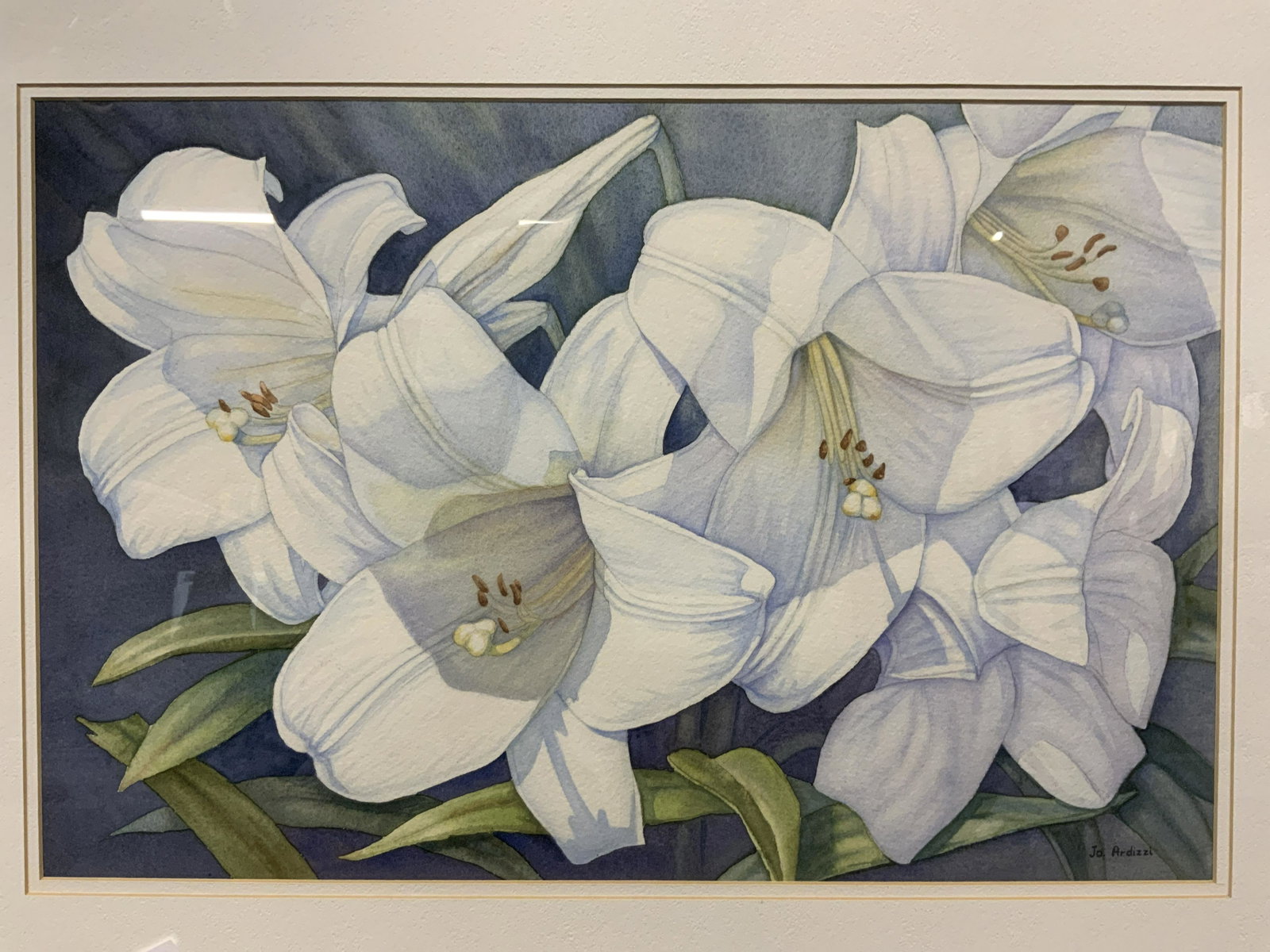 JO ARDIZZI Signed Watercolor of Madonna Lilies: JO ARDIZZI Signed Watercolor of Madonna Lilies, signature to lower right reads JO ARDIZZI, shows a bunch of lilies painted against a dark toned background, allowing the flowers to shine, measures 27 1