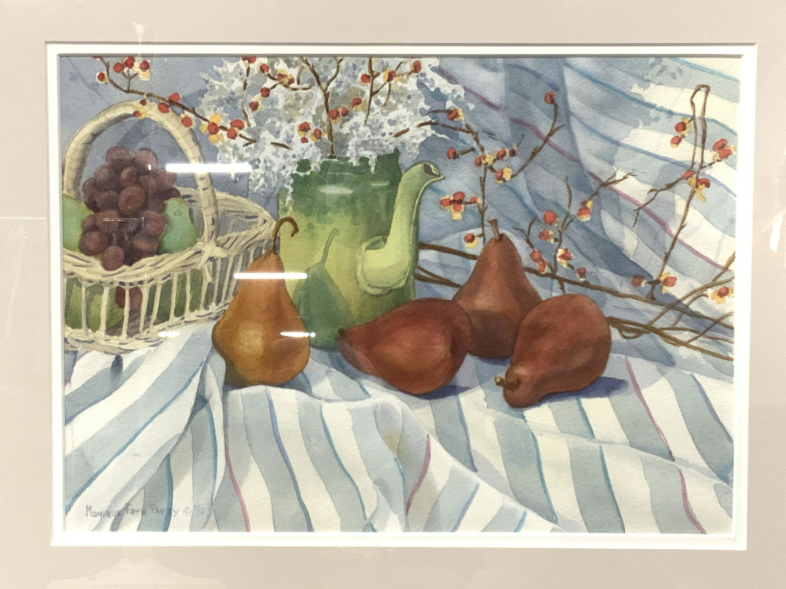 MONIQUE FATH PARRY Watercolor Still Life: MONIQUE FATH PARRY Watercolor Still Life, inscribed signature to lower left reads Monique Fath Parry 90, subject shows red pears, flowers and berry branches in a green tea pot, a branch of berries, an
