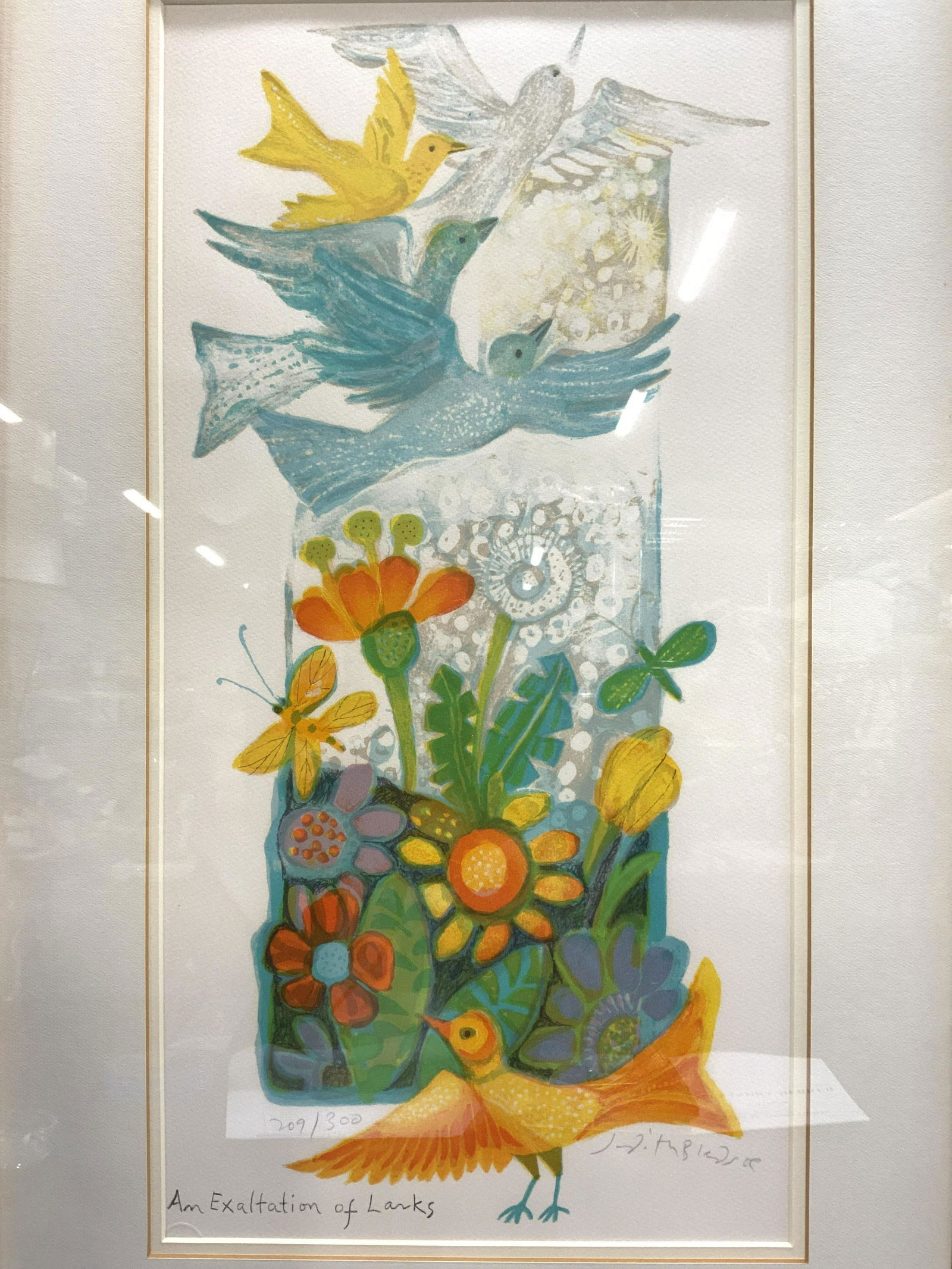 Judith Bledsoe Signed Litho An Exaltation of Lanks: Judith Bledsoe Signed Litho An Exaltation of Lanks, signature to lower right reads JUDITH BLEDSOE, edition number to lower left reads 209/300, shows a group of birds, insects, and flowers, measures 17