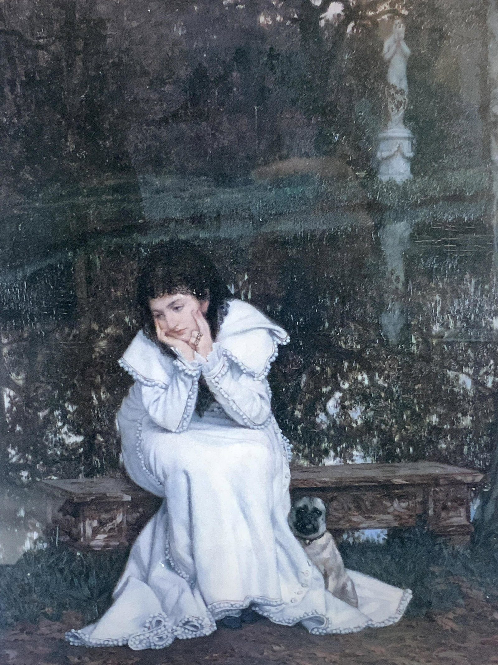 Girl And Pug Romantic Style Lithograph: Girl And Pug Romantic Style Lithograph, no apparent inscriptions, subject shows a girl in a white dress sitting on a bench in a contemplative position with a pug dog at her side, sitting on the hem of
