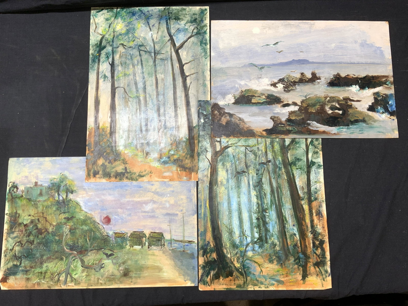 ALEXANDRA MERKER Lot of 4 Oil On Paper Landscapes: ALEXANDRA MERKER Lot of 4 Oil on Paper Impressionist Landscapes, 2 of which depict scenes of a lush forest, each measure approx 17 3/4 x 11 3/4 in., 1 depicts a rocky shoreline with birds flying, meas