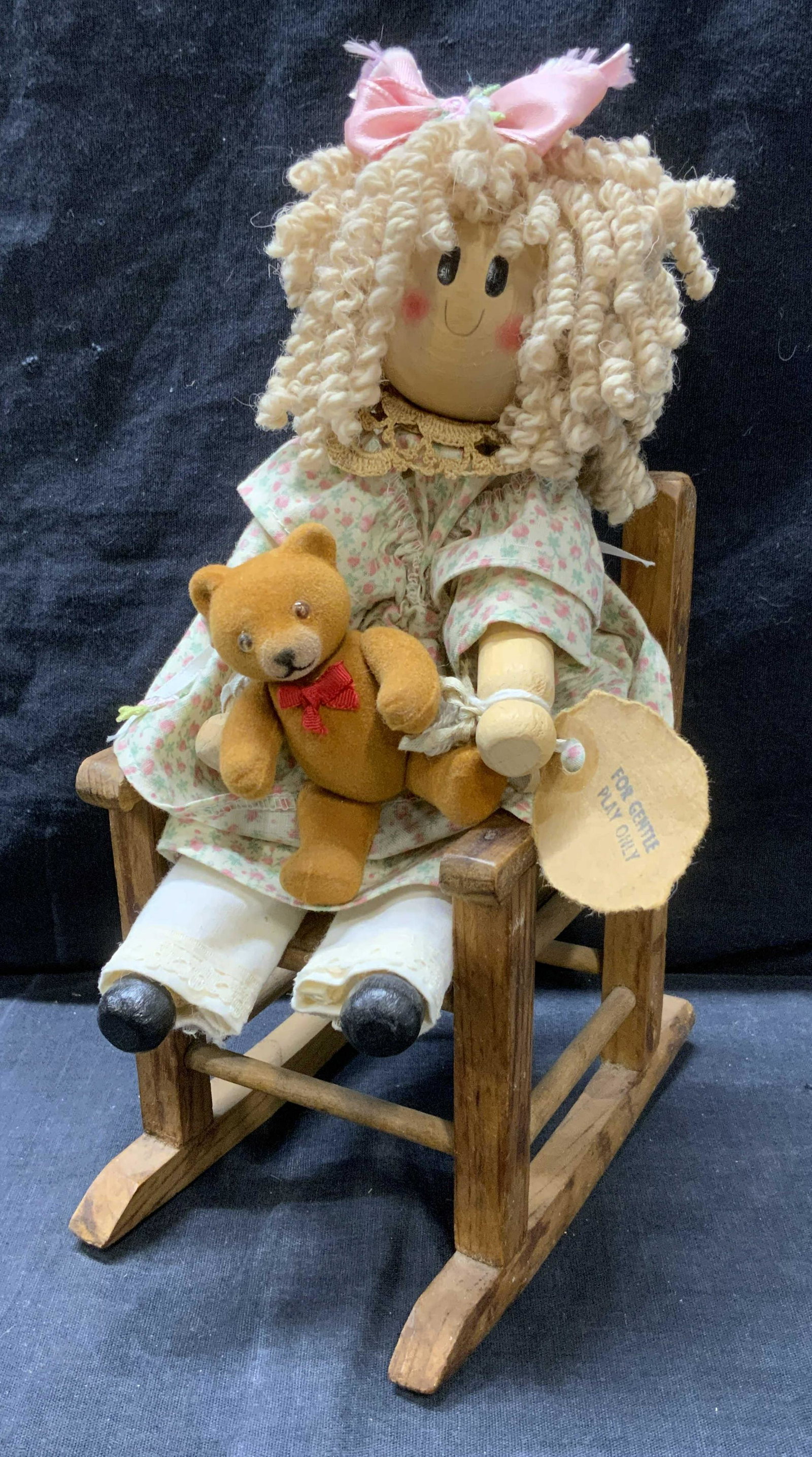 KISER KIDS Vintage Rocking Chair Dolly & Teddybear: KISER KIDS Vintage Rocking Chair Dolly & Teddy Bear, tag reads for gentle play only, the Kiser kids Bucks County, PA, wooden doll with handmade clothing and felt teddy bear, wooden rocking chair, meas