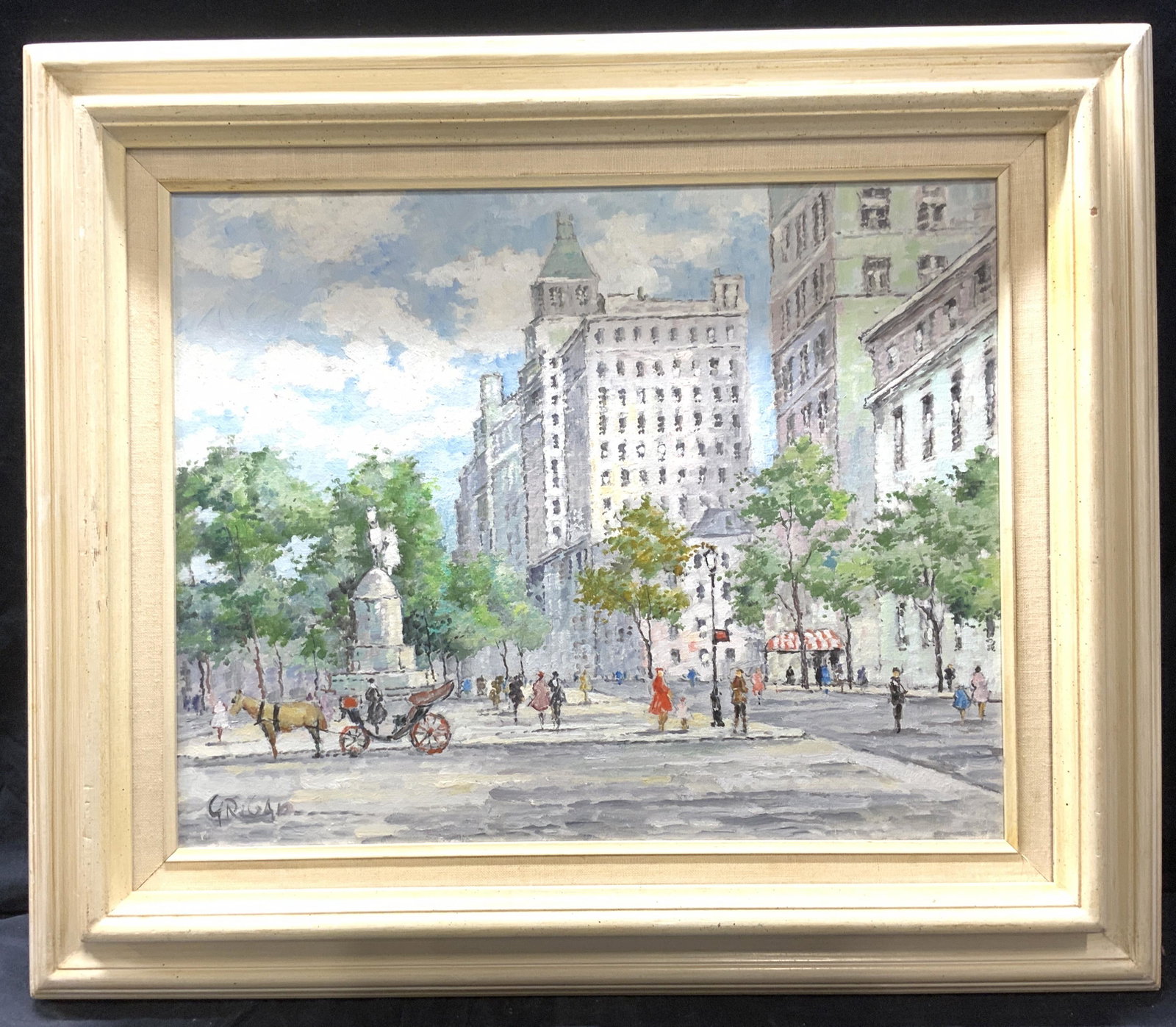 After OTA GRIGAR Plaza, New York City Painting: PAINTING after OTA GRIGAR Plaza, New York City, signature to lower left reads Grigar, oil on canvas, subject shows impressionist plaza in New York City, in frame measures approx 23 x 27 in., white ton
