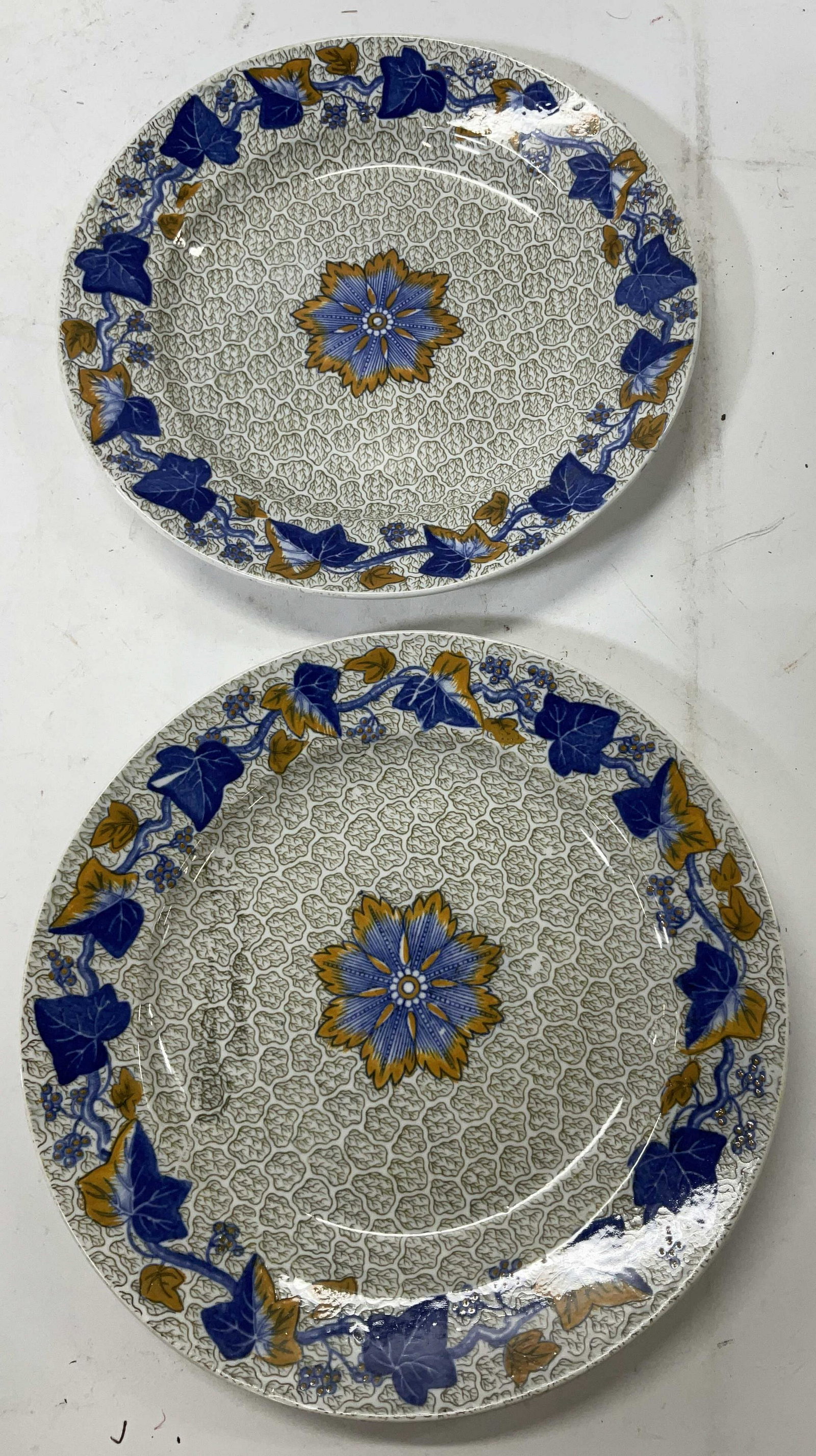 Lot Early 19th Century Spode Dessert Plates: Pair of Early 19th Century Spode Dessert Dishes. Back stamped Spode dessert plate with rim decorated in trail of ivy leaves and berries in blue and yellow. Ground decorated with small, veined leaf-sha