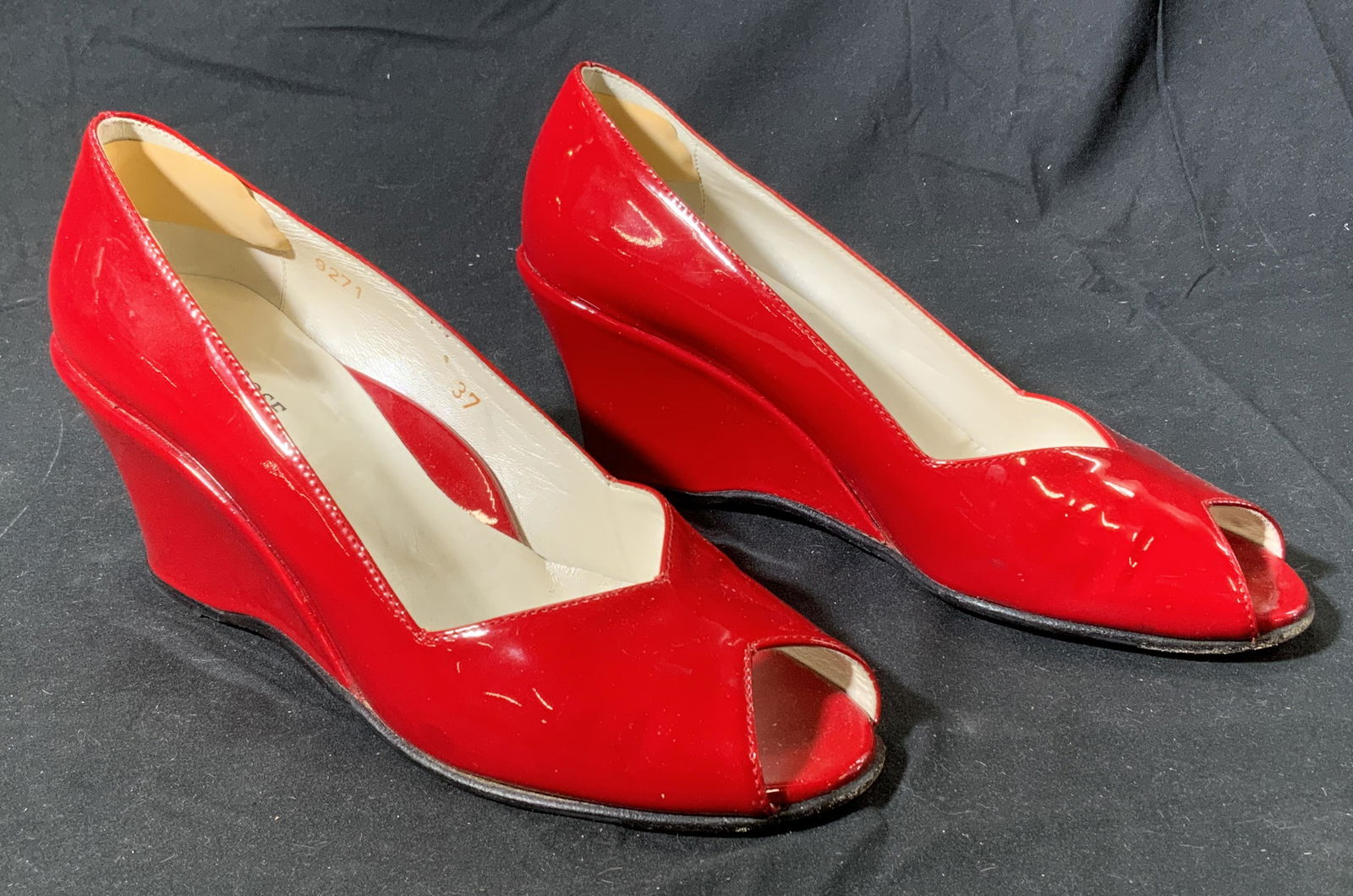 TARYN ROSE Patent Red Leather Peep Toe Wedges (1 of 6)