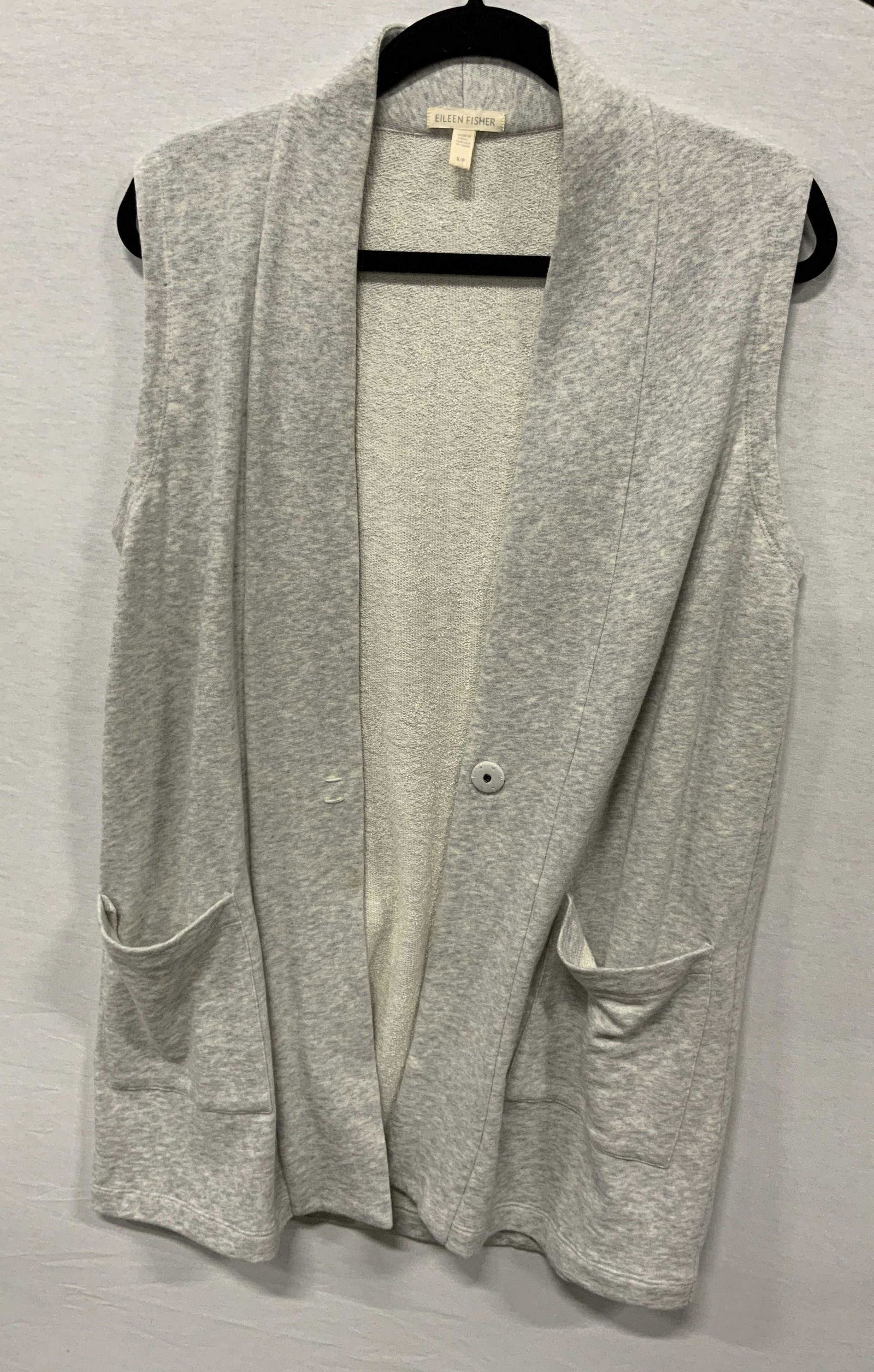 EILEEN FISHER Sleeveless Cotton Cardigan: EILEEN FISHER Sleeveless Cotton Cardigan, tag reads S 100% cotton, Possibly never worn. Some discoloration below button. Womans wear, womans fashion, womans boho fashion, womans spring fashion, summer