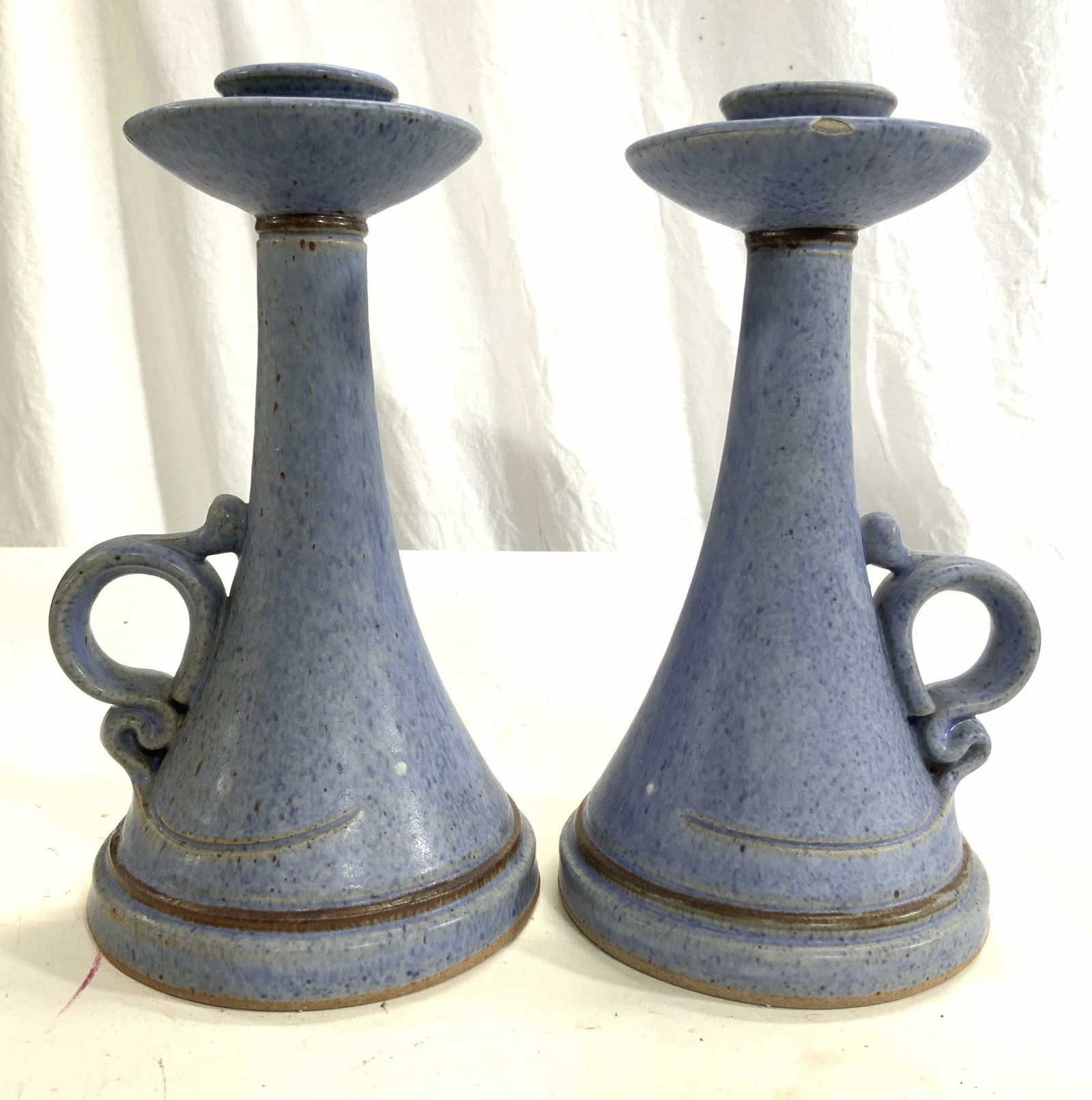 Pair Signed Ceramic Candlesticks W Handles (1 of 7)