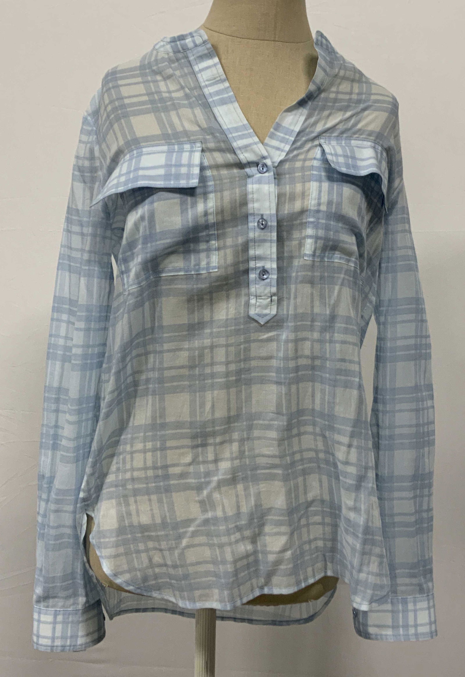 VINCE Blue & White Checkered Long Sleeve Blouse (1 of 7)
