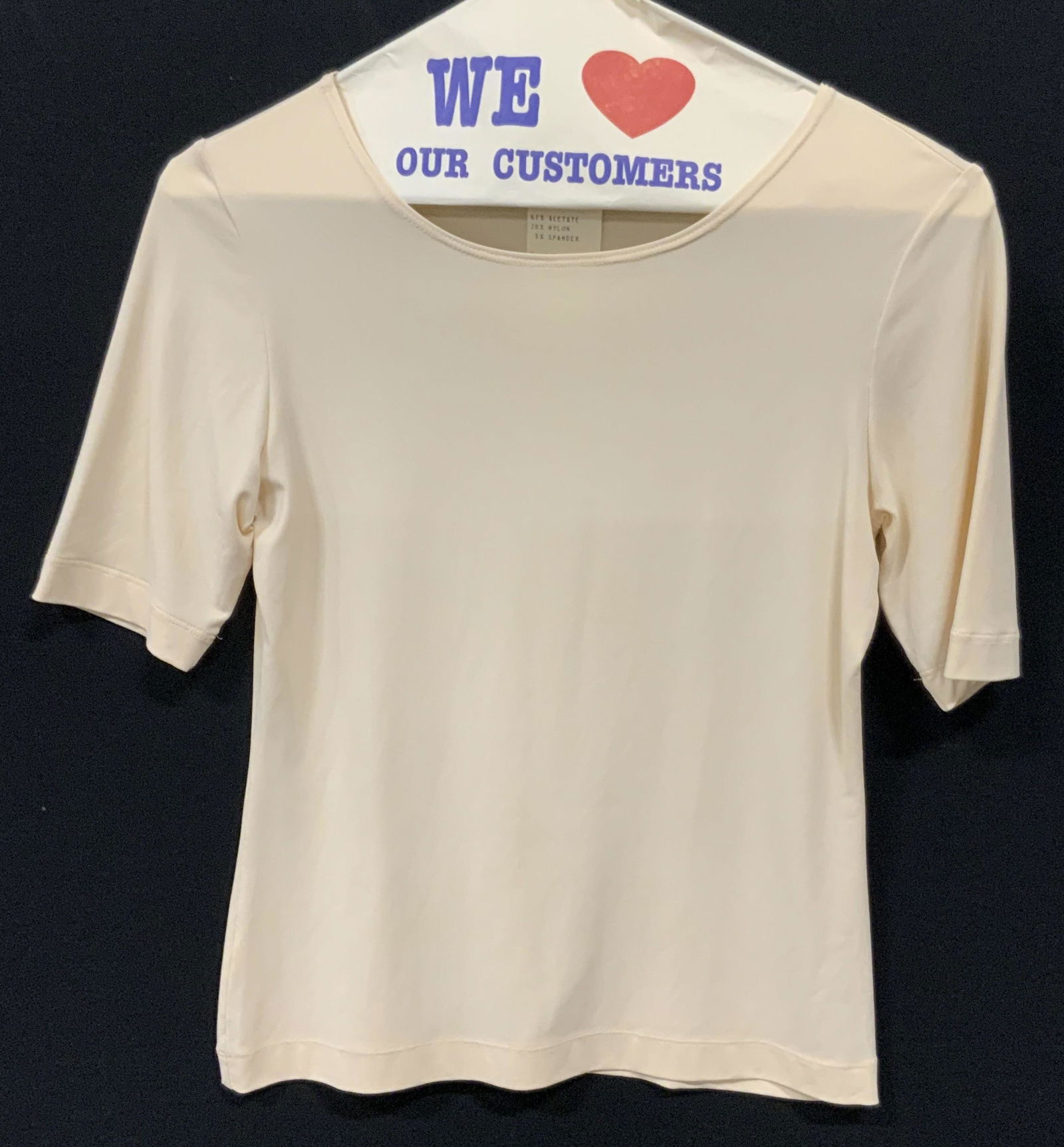 RENE LEZARD Half Sleeve Scoop Neck T-Shirt ITALY: Signed Italian designer Rene LEZARD scoop neck T shirt with half sleeve, nude color. Marked size 40 on tag. Synthetic material blend, shirt is very stretchy. Made in Italy. Possibly never worn. Rene L