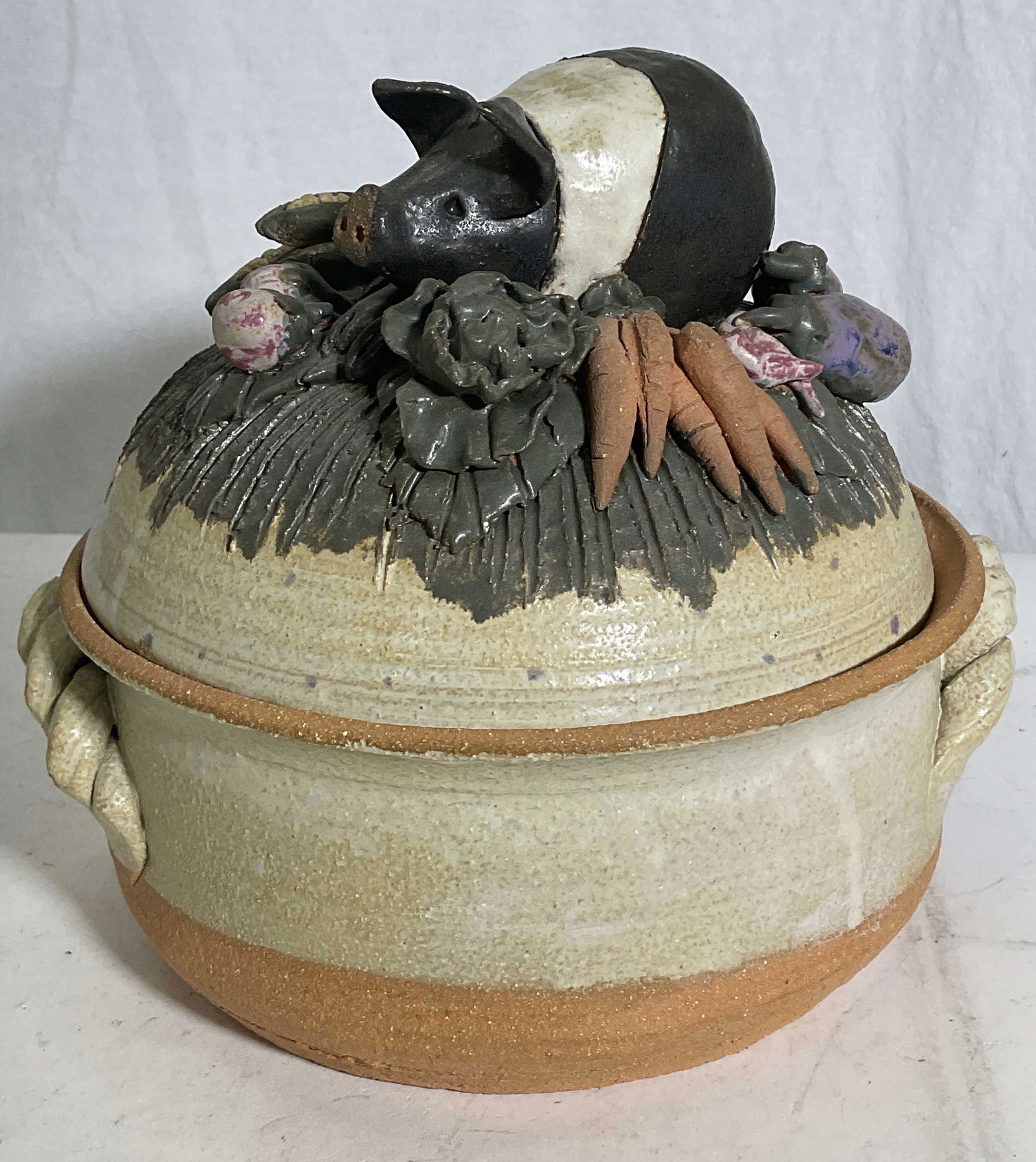 Ceramic SIGNED Lidded Pig Motif Vessel (1 of 7)