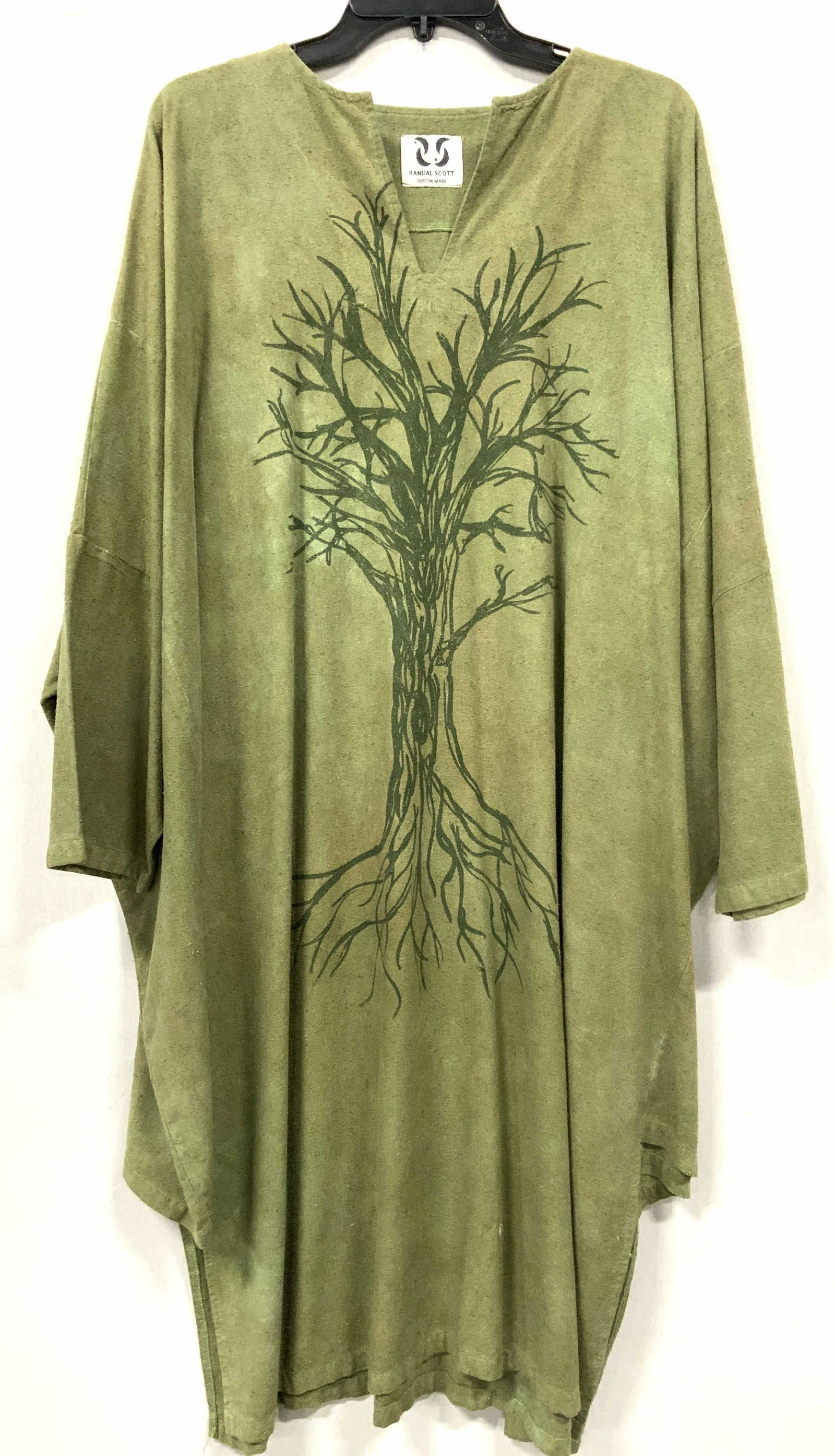RANDALL SCOTT Tunic Dress: Olive green tunic dress with a sketched tree motif on front side. Possibly cotton blend. Chest and waist is approximately 40 inches across. Arms are 10 inches wide. 43.5 inches long. Marked on tag Ran