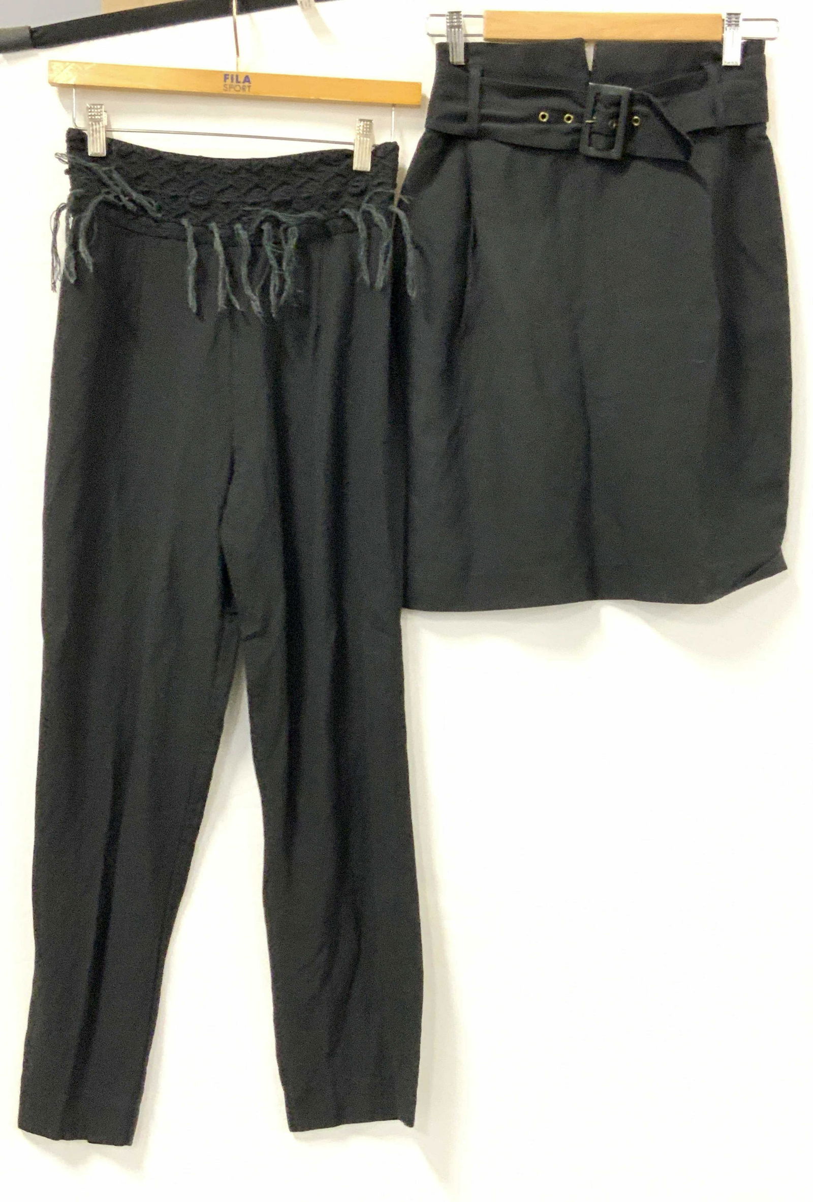 2 BYBLOS Black Slacks & Skirt, Italy: 1 pair of black slacks and 1 black skirt. Pants are marked byblos, made in Italy, 50% linen, 50% Viscose. Size 40, inseam is approximately 25 inch inseam. Waist is 13 inches wide. Skirt is also marked