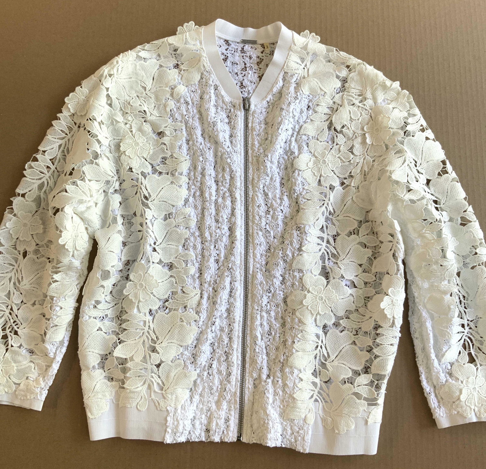 ELIE TAHARI White Lace Zip Up Sweater: ELIE TAHARI White Lace Zip Up Sweater, size XL. ELIE TAHARI white lace zip up sweater, ladies lace clothing, ladies wearables, ladies sweaters, ladies sweatshirts, ladies vintage wearables 7