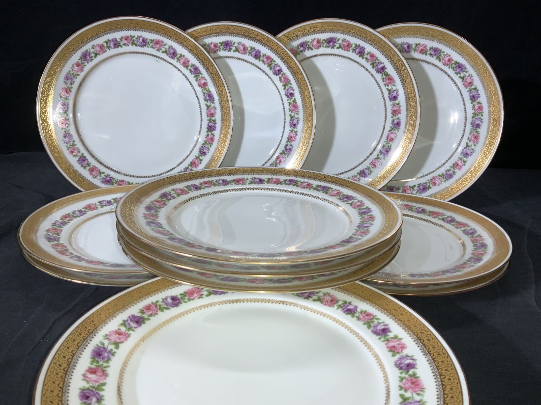 C A LIMOGES France GILT Porcelain Plate set 12: Hallmarked C. Ahrenfeldt Limoges Luxury dinner plate set 12. Underside stamped in green ink under glaze CA FranFe Limoges one plate has an additional hallmark stamp in green ink over glaze, reads WM J