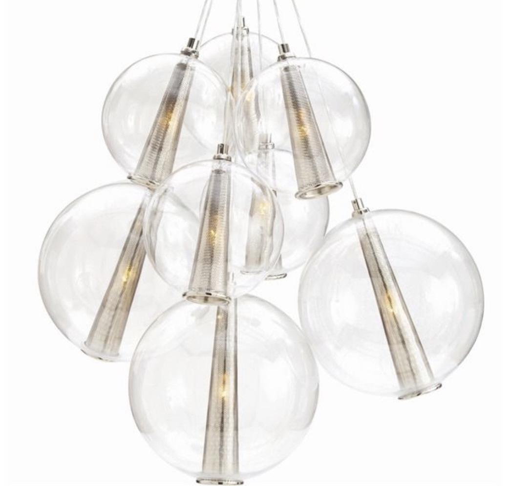 LAURA KIRAR Caviar Clear Glass Cluster Chandelier: LAURA KIRAR Caviar Clear Glass Cluster Chandelier. Chandelier has 8 glass globes with metal cone shaped bulb sockets. Measures approx 48 inches tall 43 inches wide. Chandelier shown in photo to show p