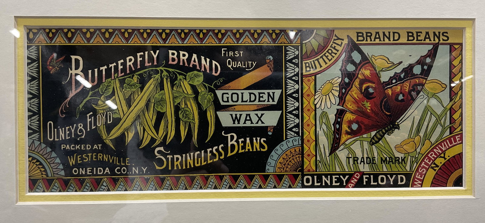 OLNEY & FLOYD Stringless Beans Can Label: OLNEY & FLOYD Stringless Beans Can Label, inscriptions read Butterfly Brand First Quality OLNEY and Ford Packed at Westerville Oneida Co, NY Stringless Beans, measures 12 1/2 x 18 3/8 inches, wooden f
