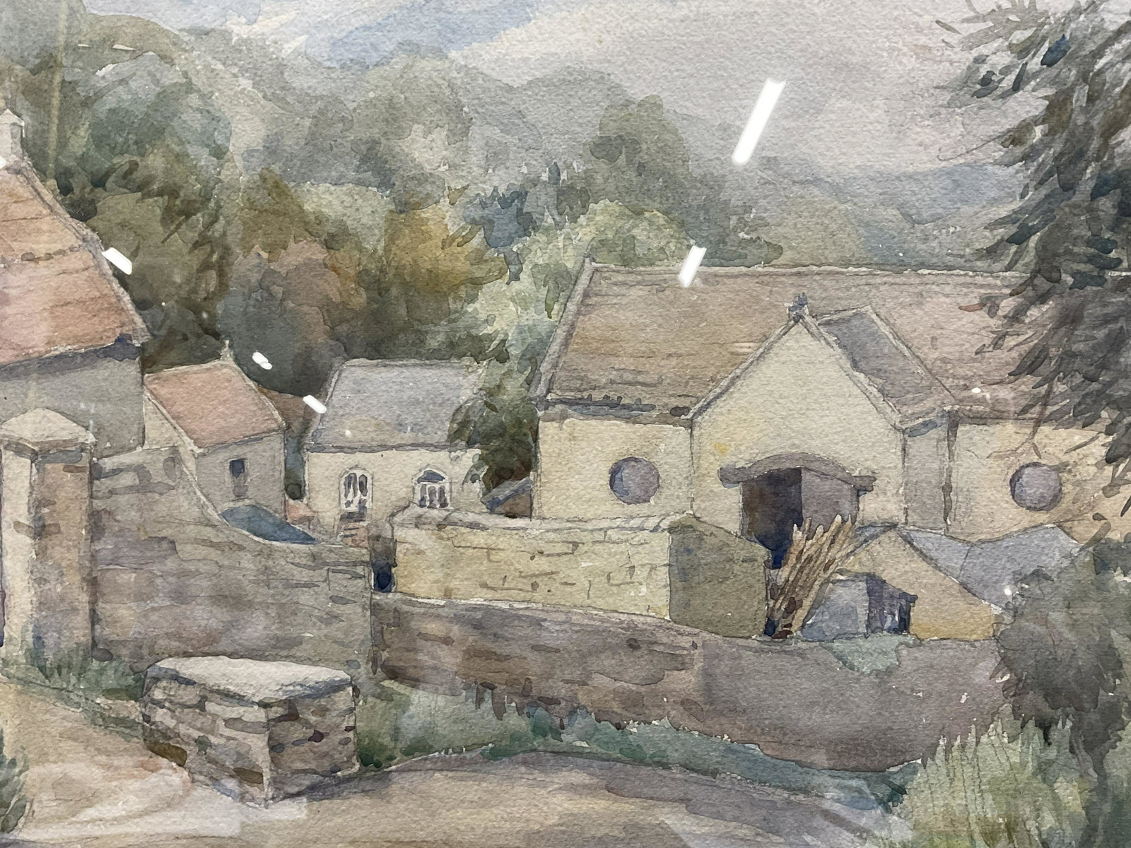 LUCY WALPATE Signed Watercolor Painting: LUCY WALPATE Signed Watercolor Painting, signature to lower left reads Lucy WALPATE, label to reverse reads Lees Art Shop, subject a view of a town in a wooded area, measures 20 1/2 x 26 3/8 inches, g