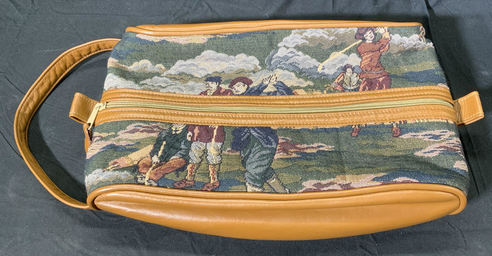 MEMBERS CARE Vintage Tapestry Golf Bag: Members Care vintage tapestry bag with golf motif. Zippered closure with top handle. good vintage condition. Measures approx. 14L x 8.5W x 4.5H inches. Members care, tapestry bag, golf bag, travel bag