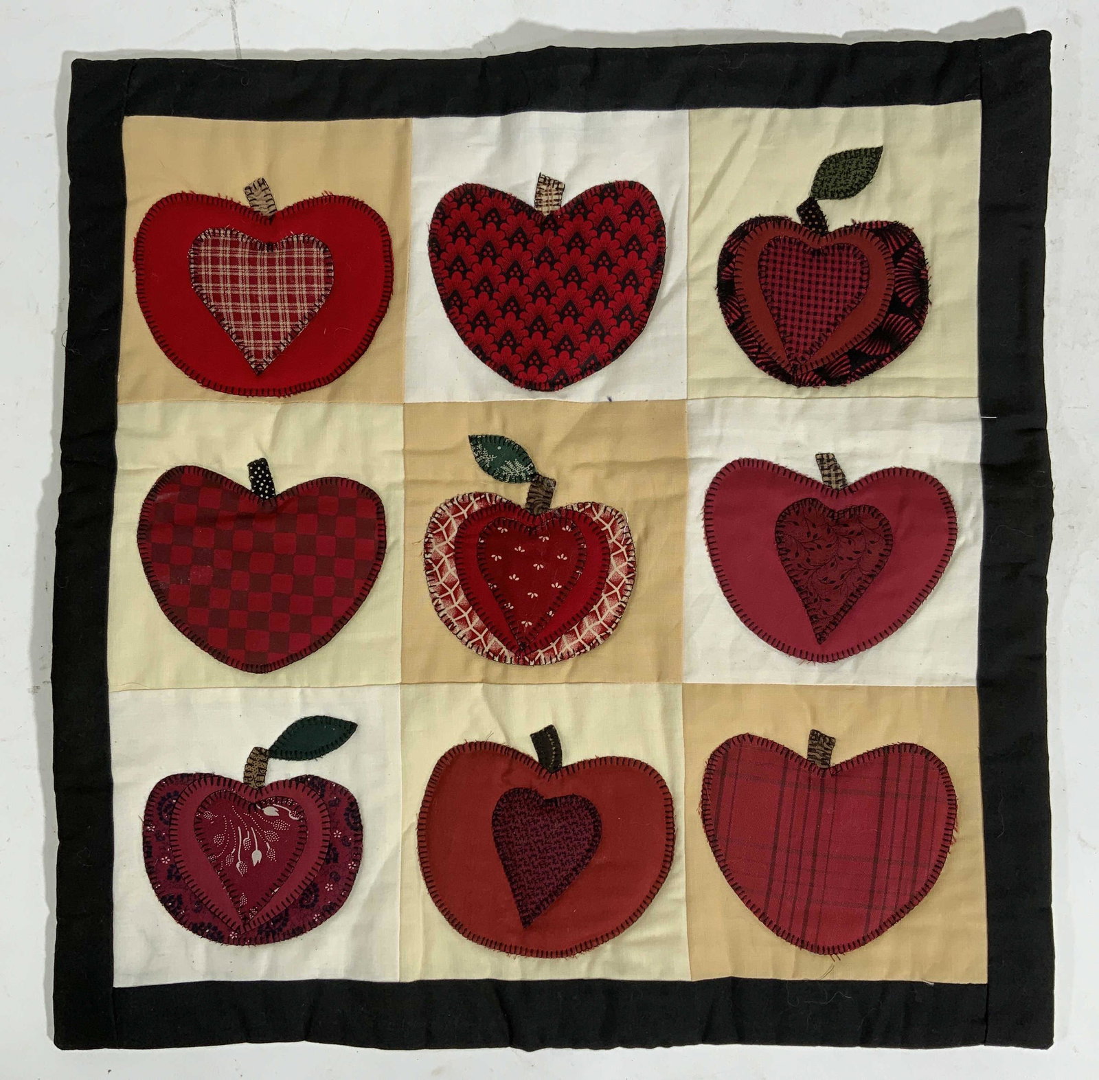 Lot 4 Textile Arts, Signed Quilt, Folk Art, More: Group of 4 Arts and Crafts folk art cotton textiles. One quilt work textile with Apple motif. Signed on back MARILYN BOWLIN 94, SHANON BRICKEY 93, designers Gerry Kimmel, Linda Brannock, Jan Patek. Me