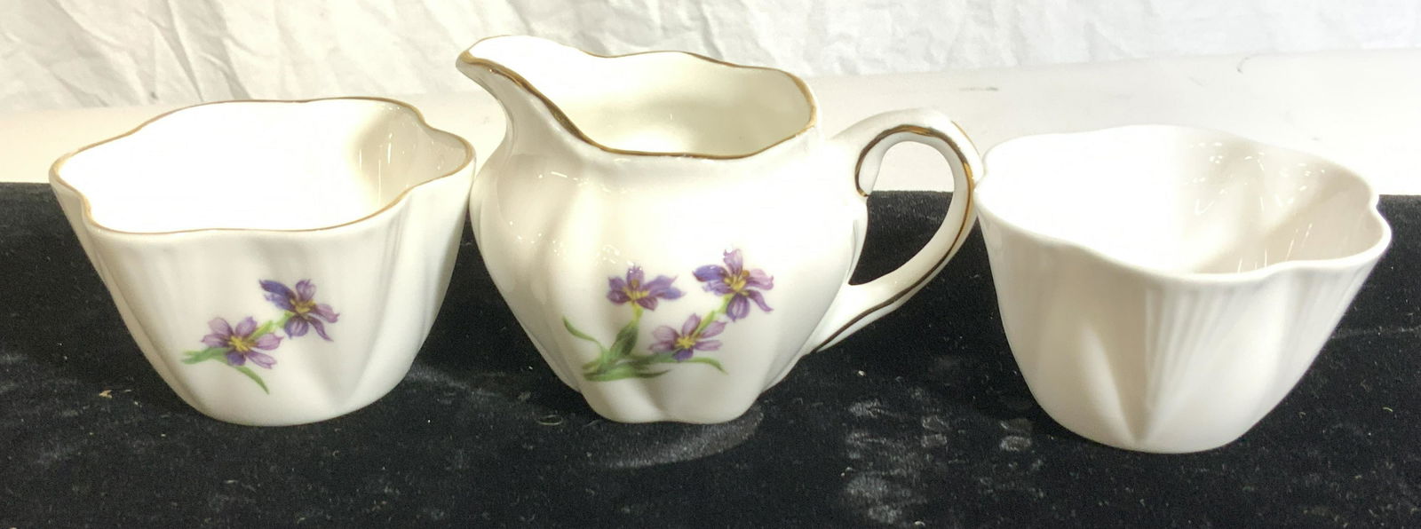 Grp 4 Hallmarked Porcelain Creamer, Tableware: Set 3 A.S. Copper and Sons Ltd Bermudiana miniature creamer and cups, two are painted with purple flowers, one is white ware China and Hallmarked Shelley England. Additional Vintage Limoges France Por
