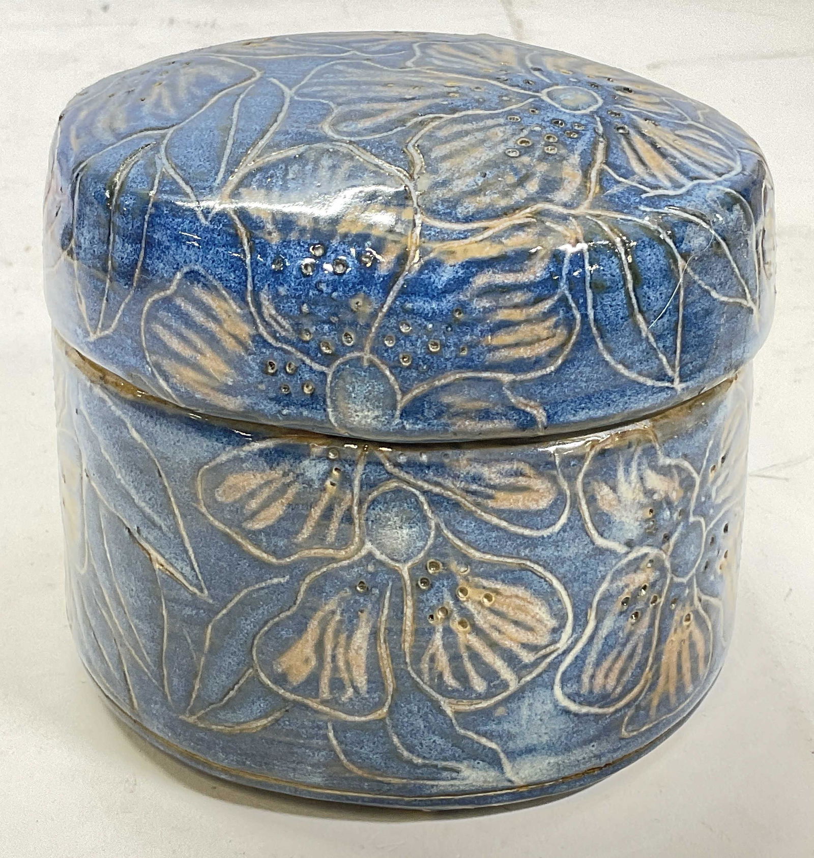 Ceramic Handmade Blue Floral Jar W Lid (1 of 5)