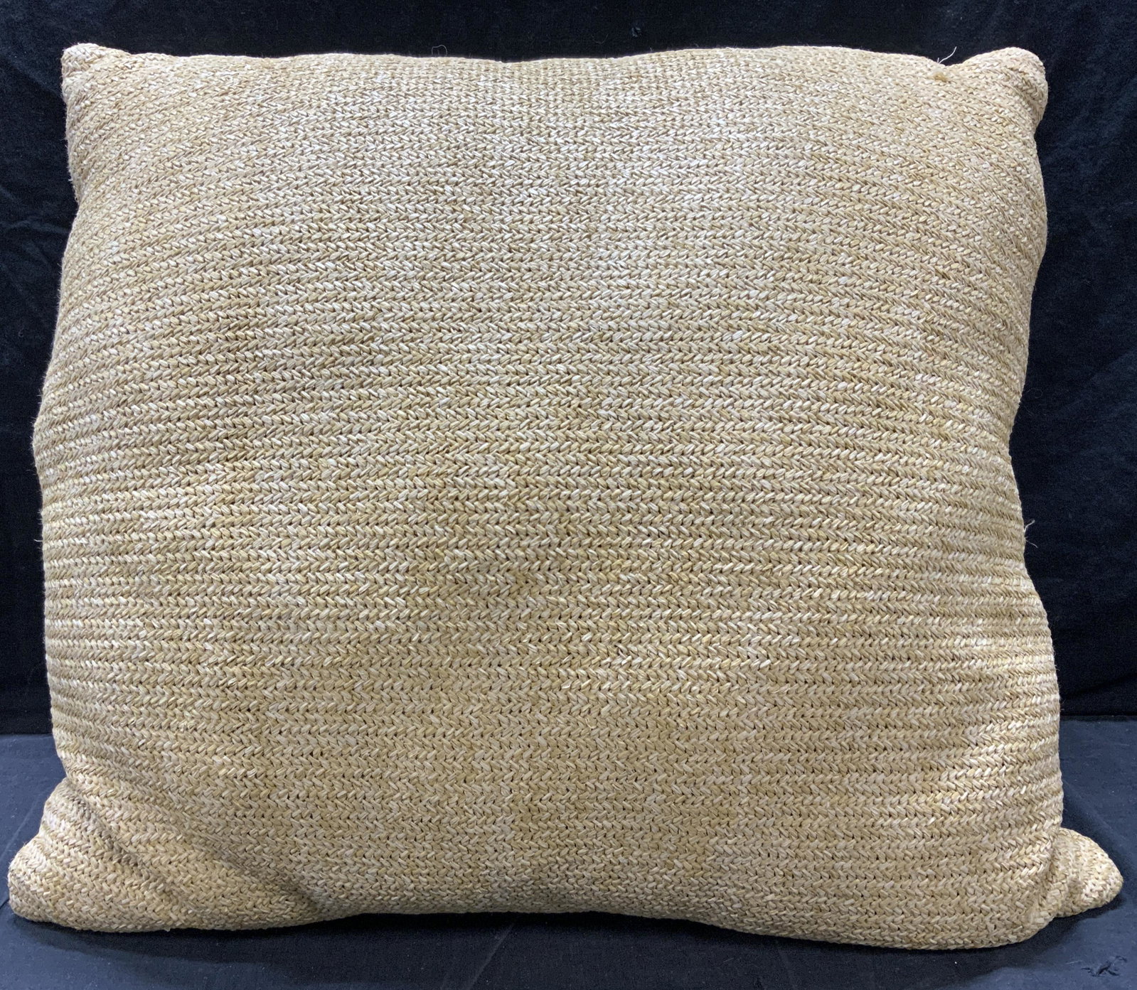 Woven Straw Toss Pillow: Pillow is tan toned. Piece appears to have woven straw exterior. Pillow measures approx 22 inches square. Pillow, woven straw pillow, home decor, homewares, tan pillow. 6