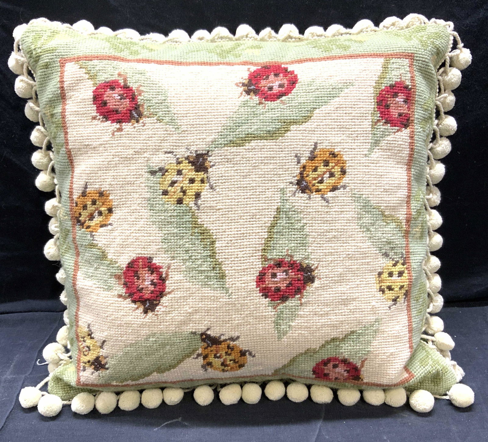 Vintage Needlepoint Pillow W Ladybug Detail (1 of 7)
