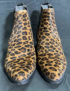 KENNETH COLE Leopard Print Heeled Booties: Leopard print heeled booties. Pointed toes. Faux hair texture to exterior. Interior reads. MADE IN INDIA, LEATHER & SYNTHETIC, FABRIC LINING. Underside reads KENNETH COLE NEW YORK, 7. Wear consistent