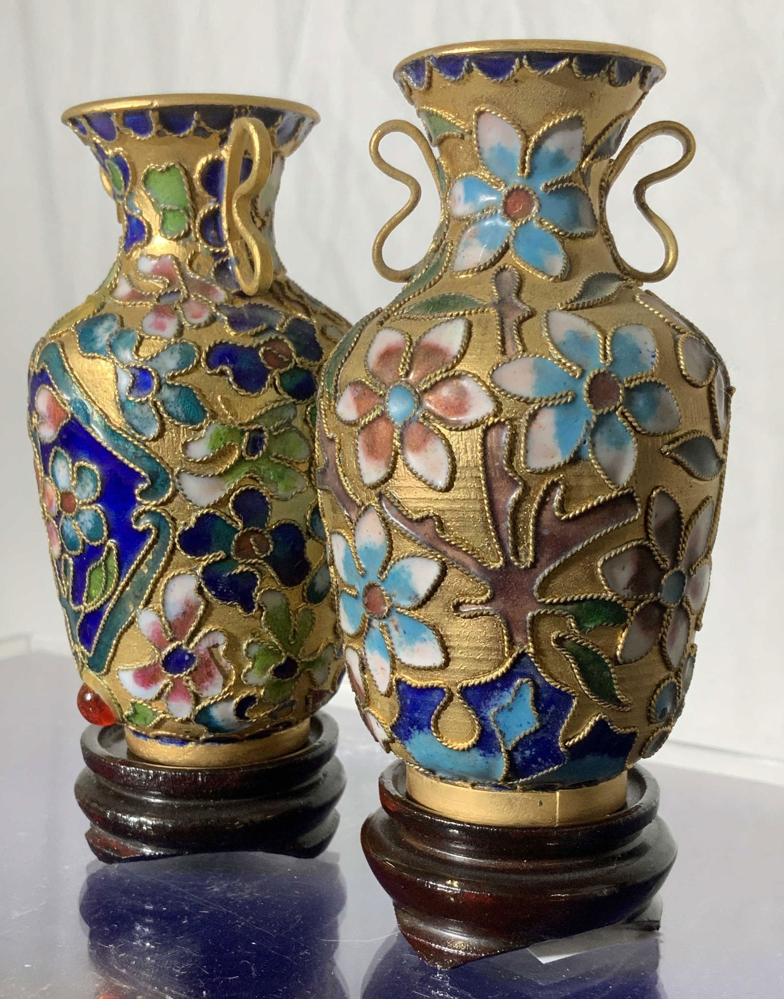 Pair Asian Champleve Gilt Vases on Stands (1 of 9)