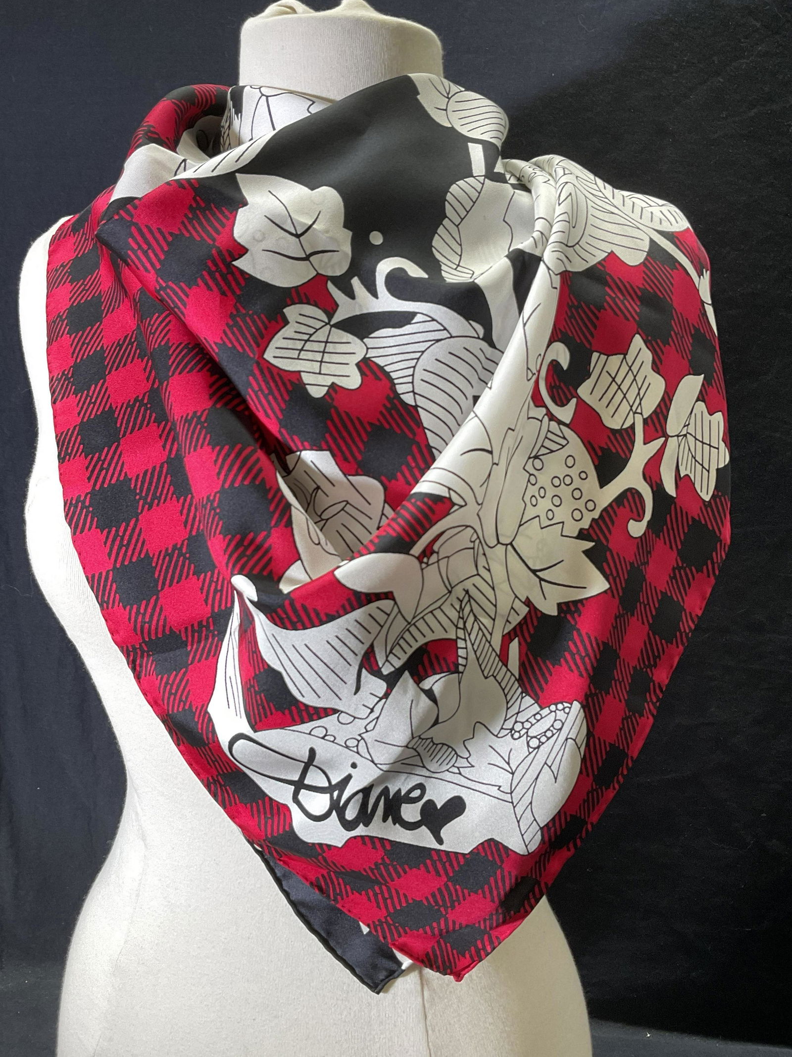 Red & Black DIANE Checkered Scarf W Floral Detail (1 of 5)