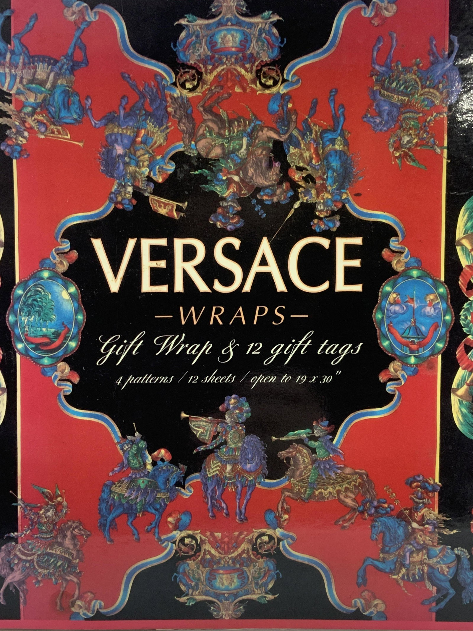 VERSACE Specialty Book of Vtg Patterns of Paper: Specialty Book â€˜VERSACE Wraps: Gift Wrap & 12 Gift Tags Abbeville Press NY LONDON PARIS, c 1994. 4 patterns, 12 sheets that open to 19x30 in. 6 gift tags stock paper. 10 x 10 in. VERSACE Special