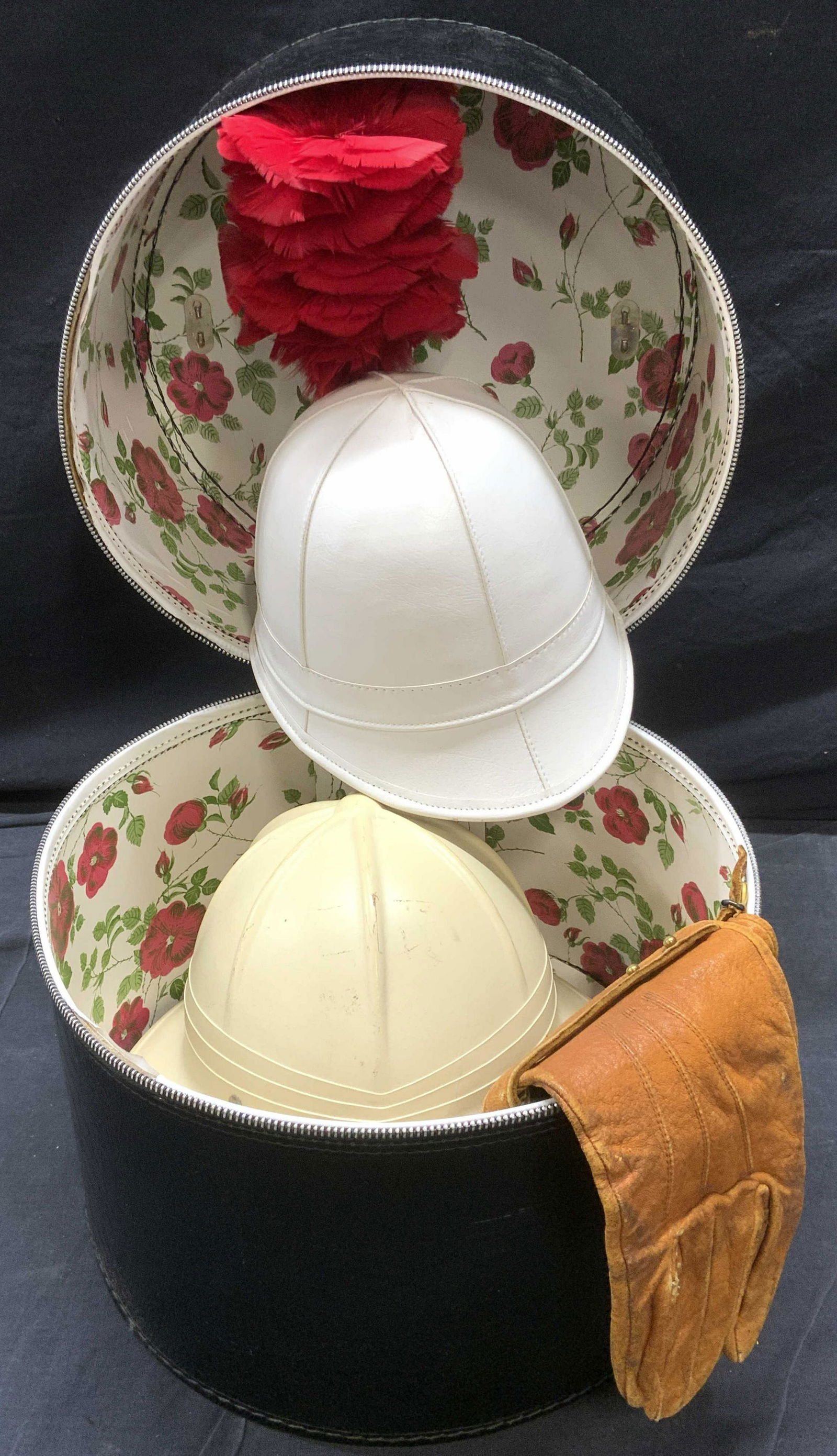 Lot Vtg. Hat Box With 2 Vtg. Helmets & Gloves (1 of 16)