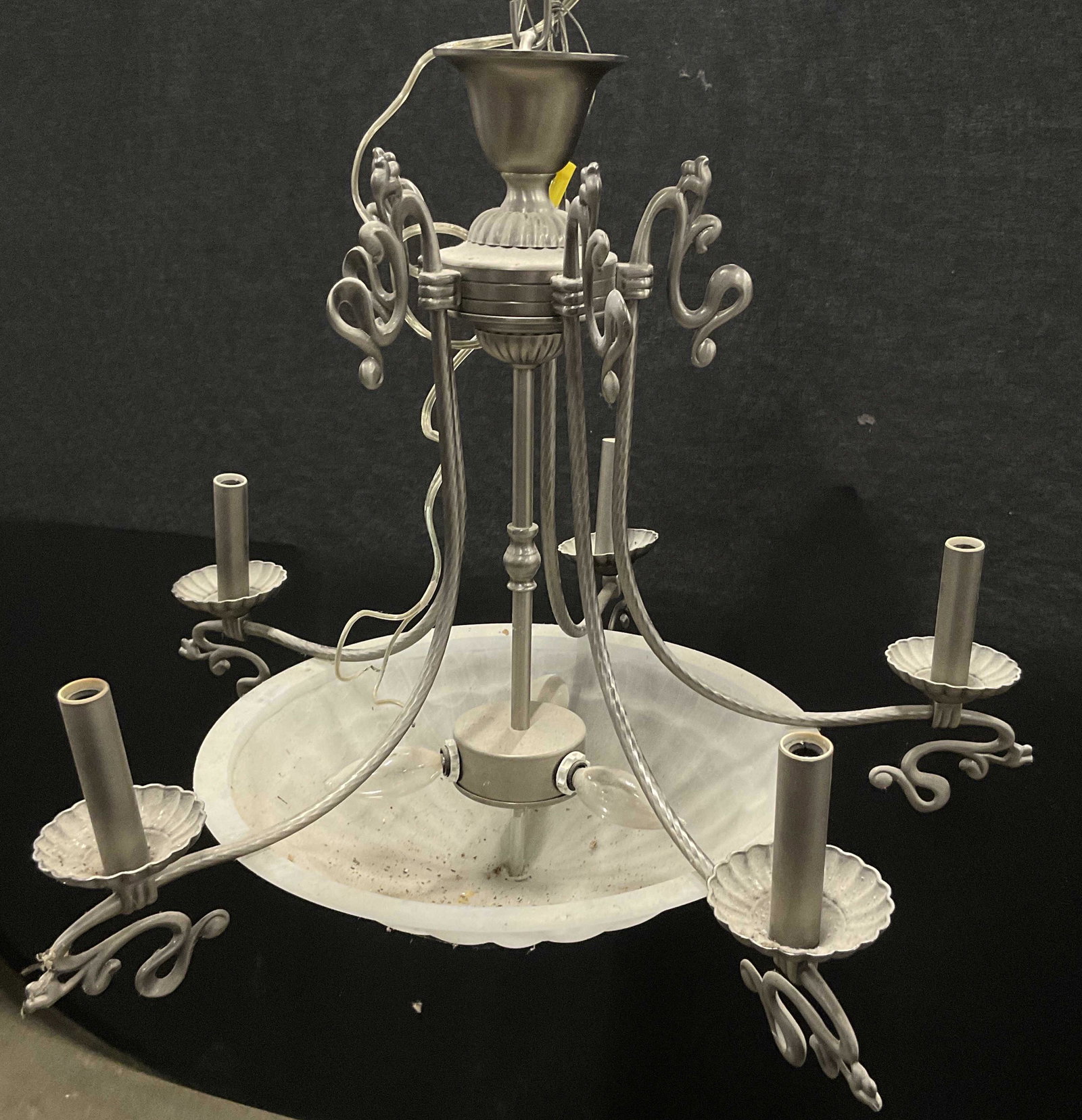 Silver Toned Chandelier W Glass Luminaire: Silver toned chandelier with glass frosted like luminaire. Measures 33H x 24W inches. Wear to piece consistent with age and use. 8 bulbs to piece. Not tested for functionality. Lighting, chandelier, s