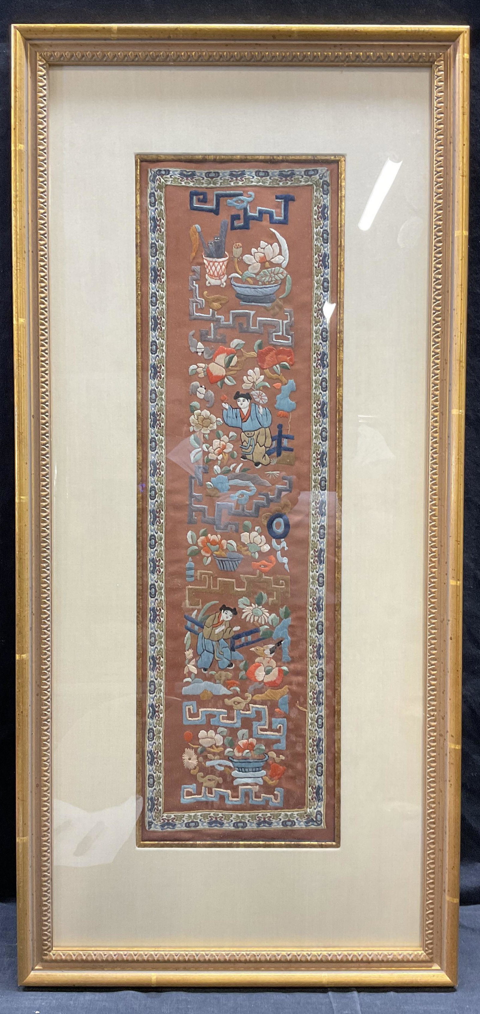Chinese Embroidery Artwork: Chinese Embroidery Artwork, no apparent inscriptions or signatures to piece, not examined out of frame, label to reverse reads OKarma Jones Company, subject children attempting to catch birds and embr