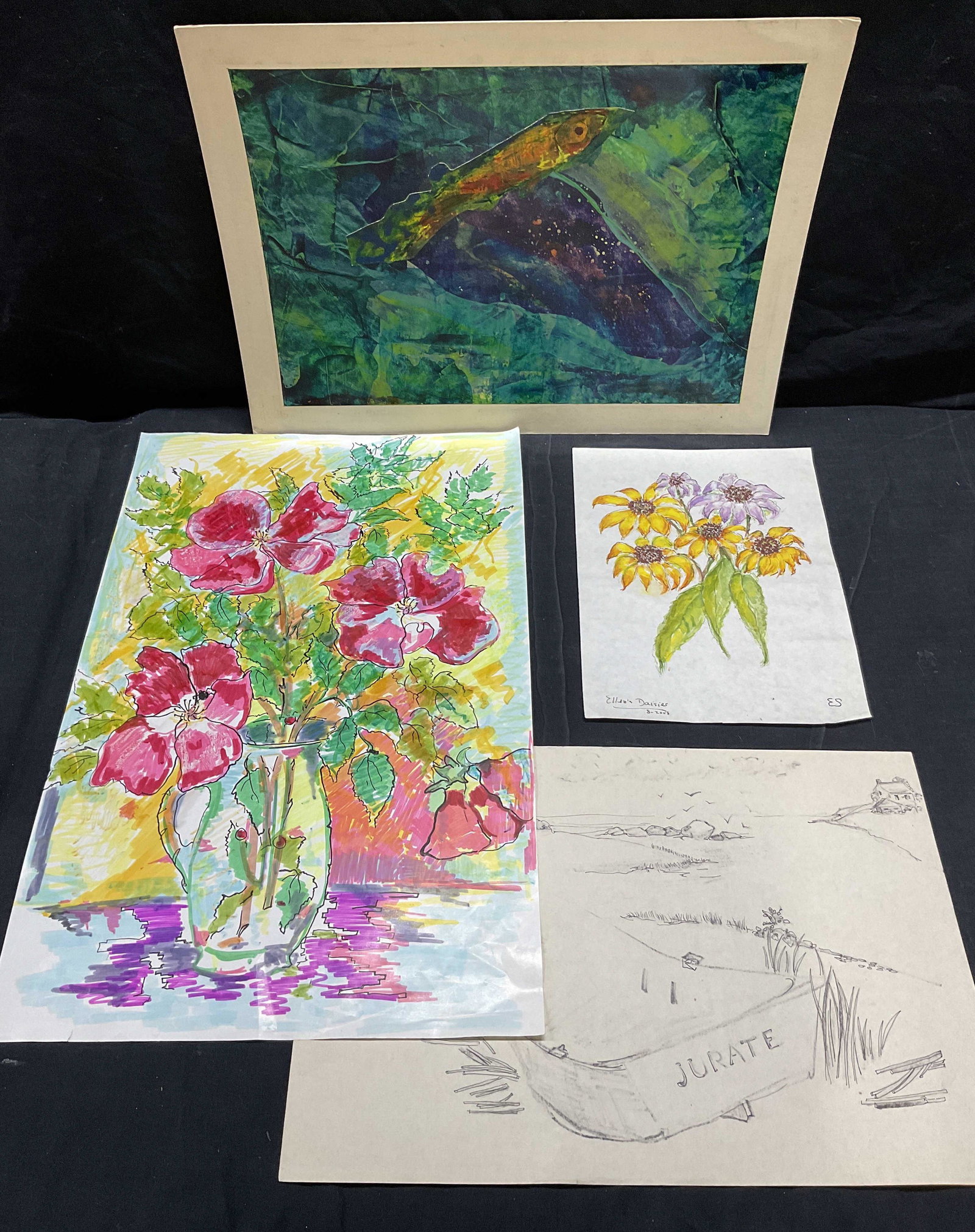 Lot 4 ALEXANDRA MERKER Drawings & Paintings: Lot 4 ALEXANDRA MERKER Drawings & Paintings, inscription to daisy watercolor reads Ellens Daisies 8-2008 ES, subject a mixed media painting of a dish, vase of flowers, cluster of daisies, and a boat o